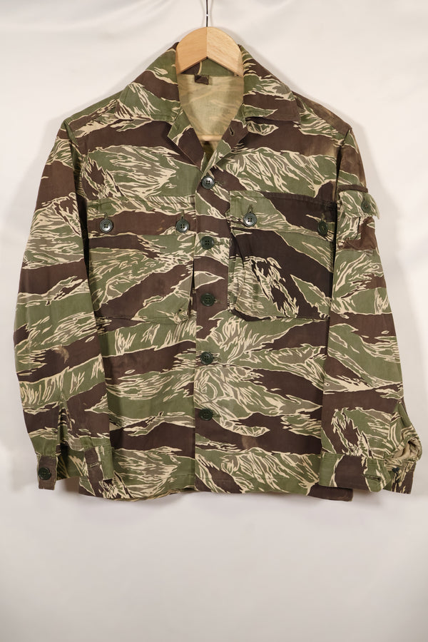 Mid-1960s US cut Okinawa Tiger lime green color tiger stripe shirt, faded, used.