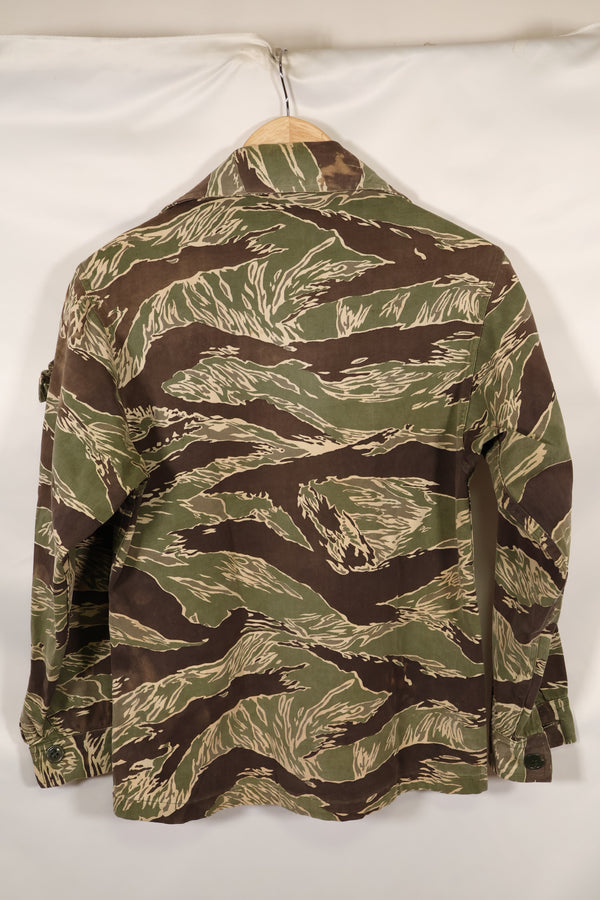 Mid-1960s US cut Okinawa Tiger lime green color tiger stripe shirt, faded, used.