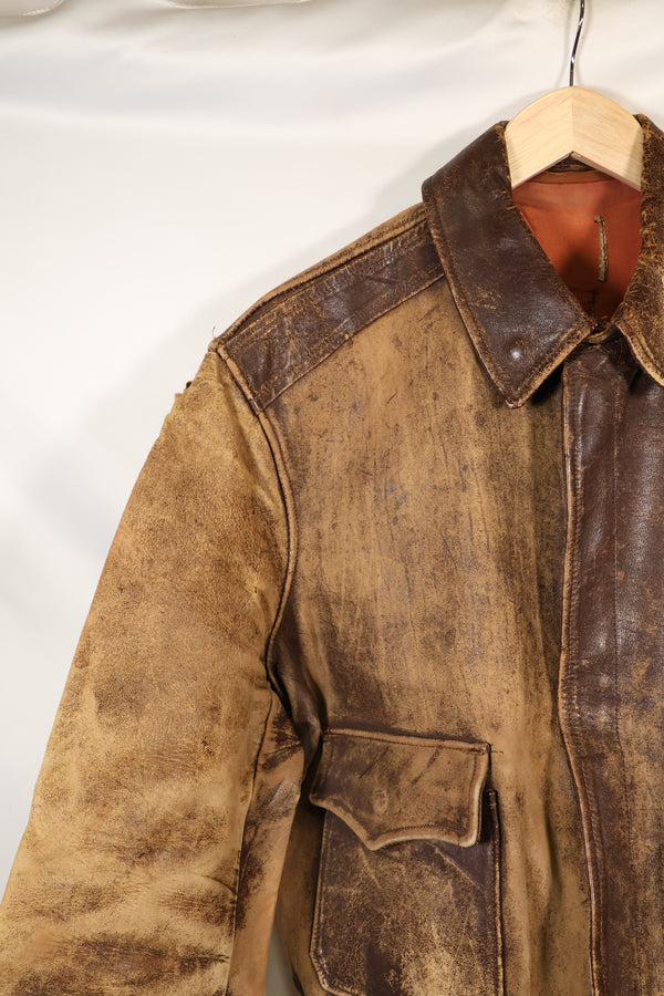 1940's size 46, maker unknown, USAAF A-2 flight jacket, damaged condition, used.