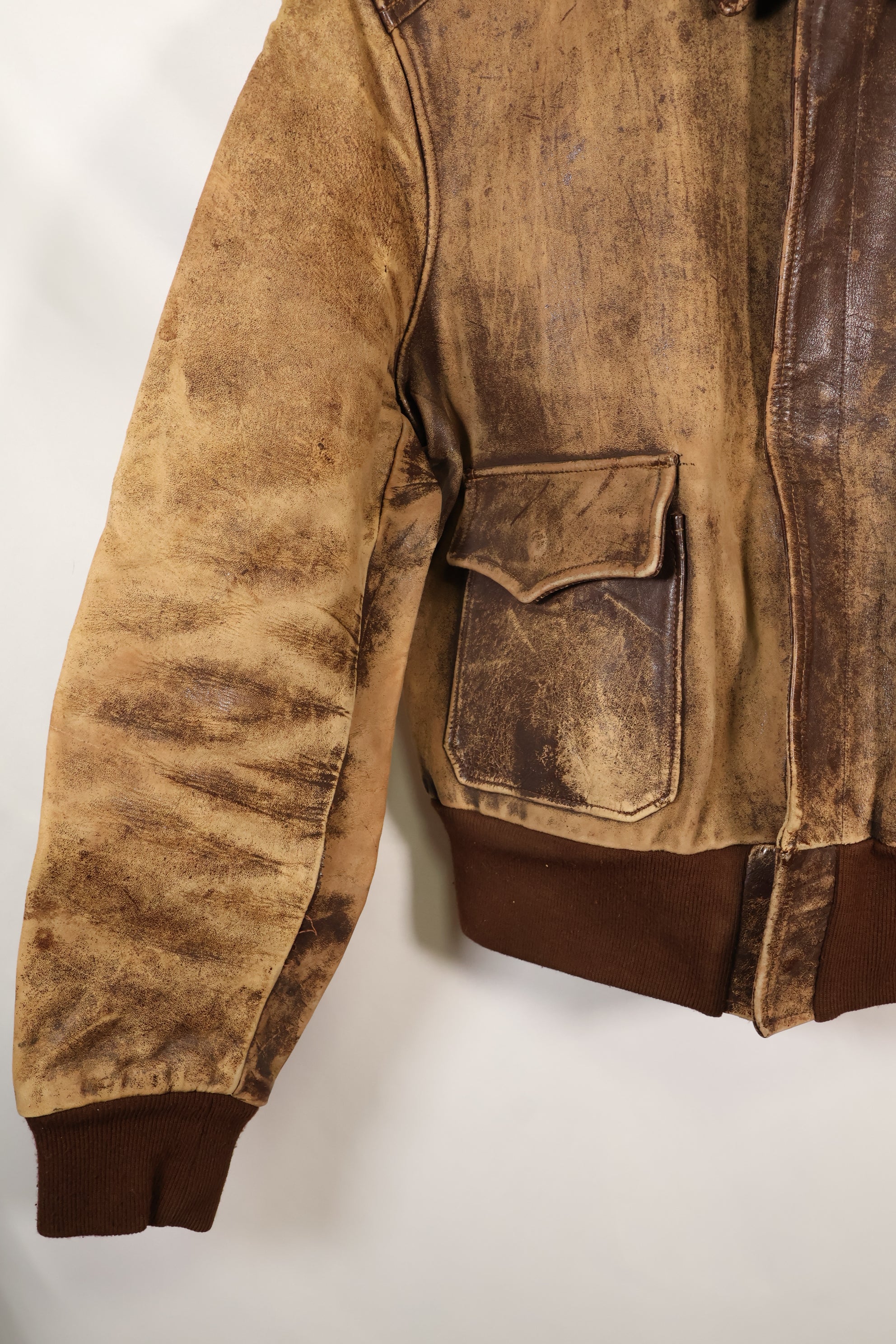 1940's size 46, maker unknown, USAAF A-2 flight jacket, damaged condition, used.