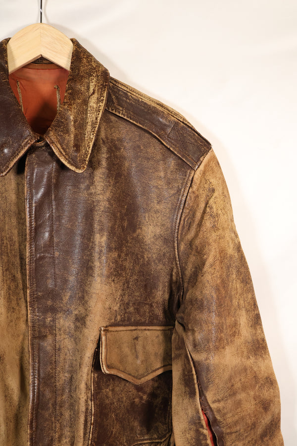 1940's size 46, maker unknown, USAAF A-2 flight jacket, damaged condition, used.