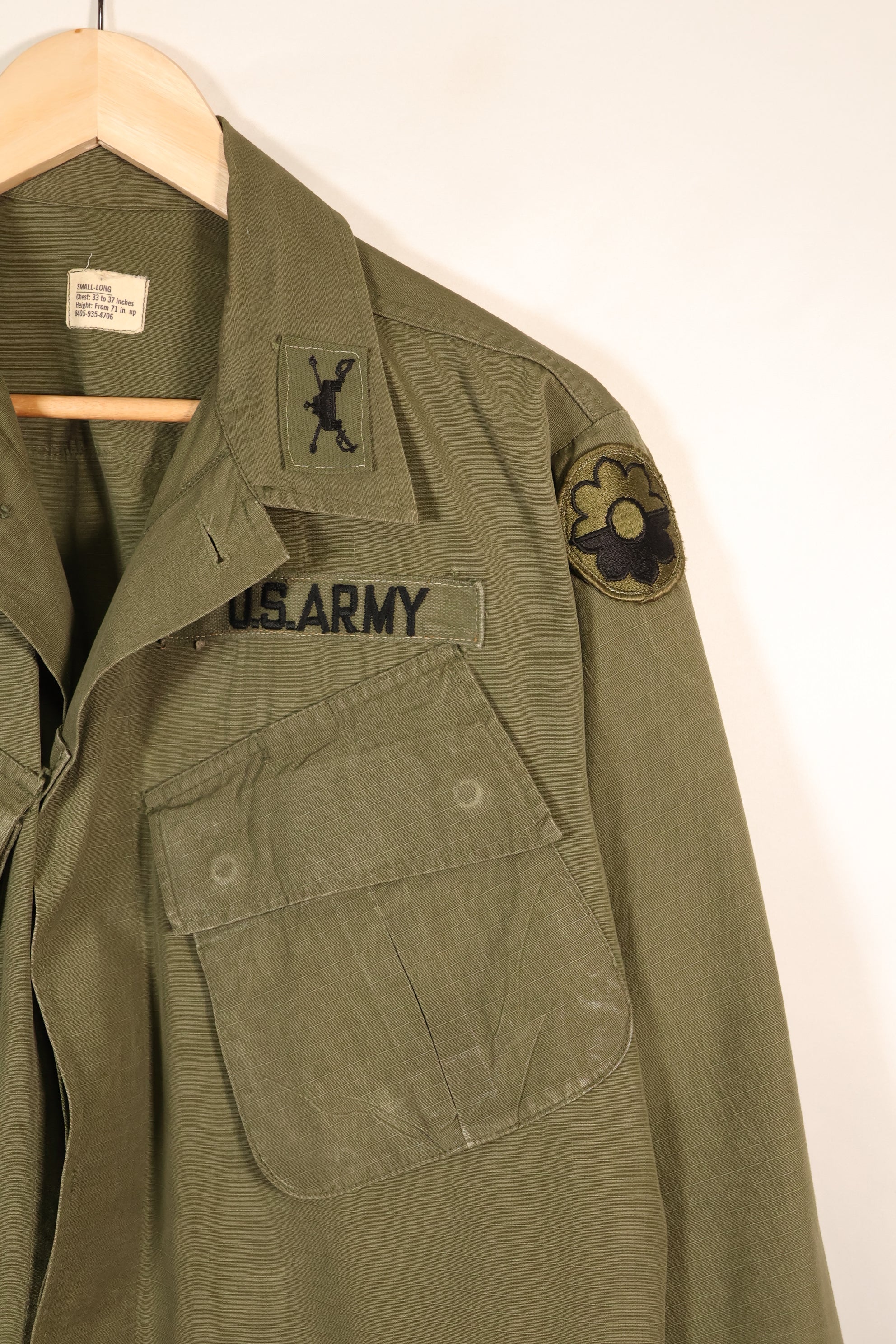 Late 1960s, S-L, U.S. Military, 4th Model Jungle Fatigue Jacket, with added patches, used