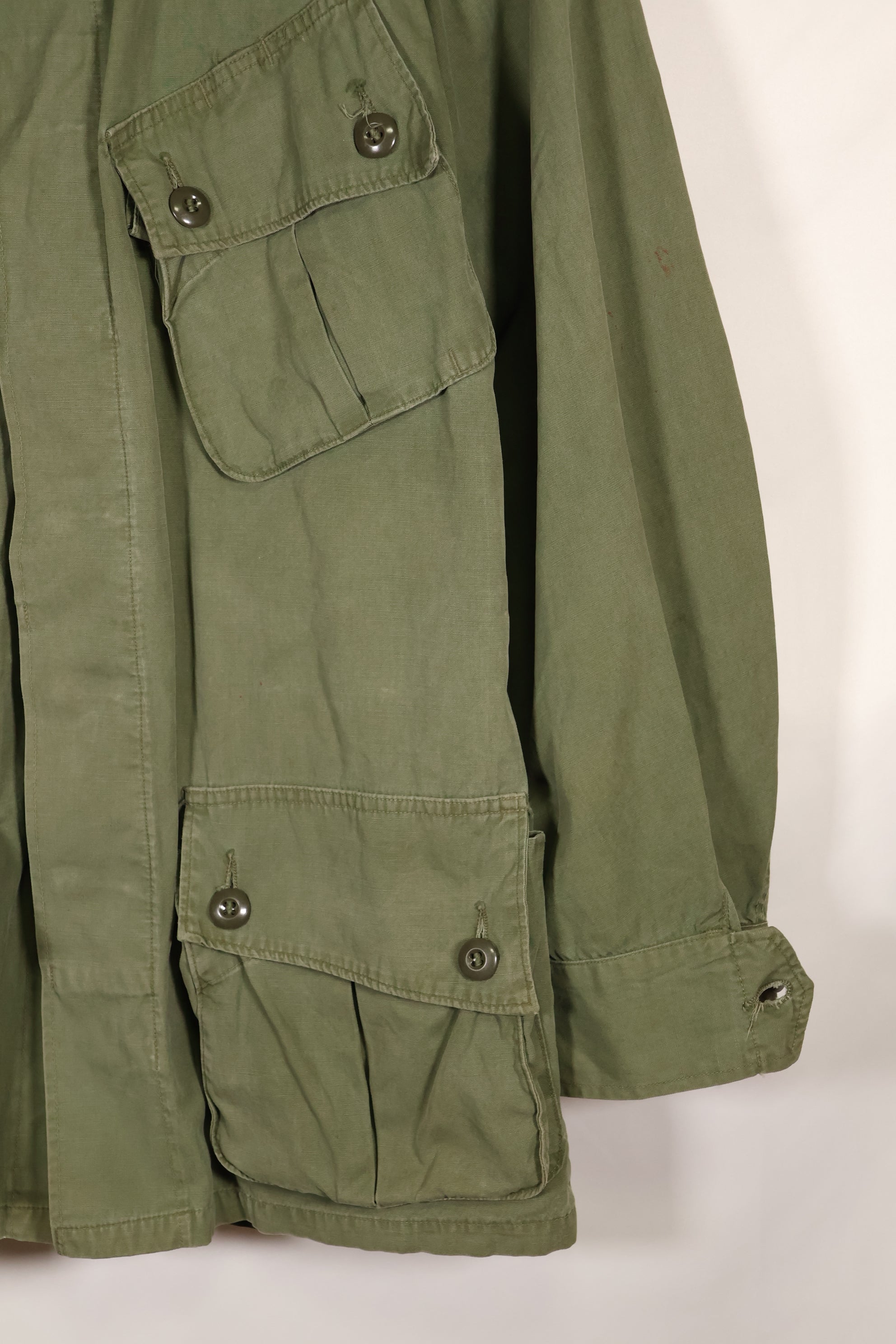 Estimated 1963, Estimated S-S 1st Model Jungle Fatigue Jacket, Scratched, Used.