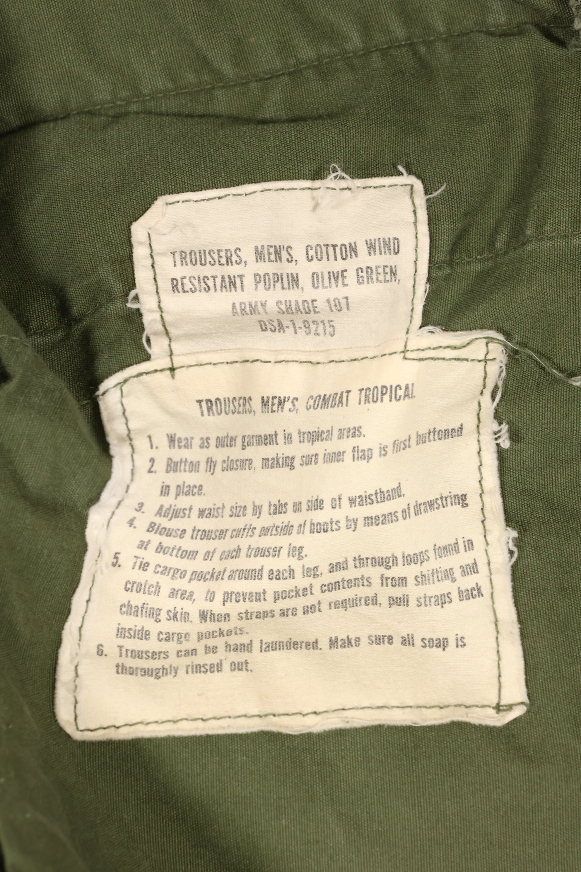Estimated circa 1965 M-R 2nd Model Jungle Fatigue pants, faded, used.
