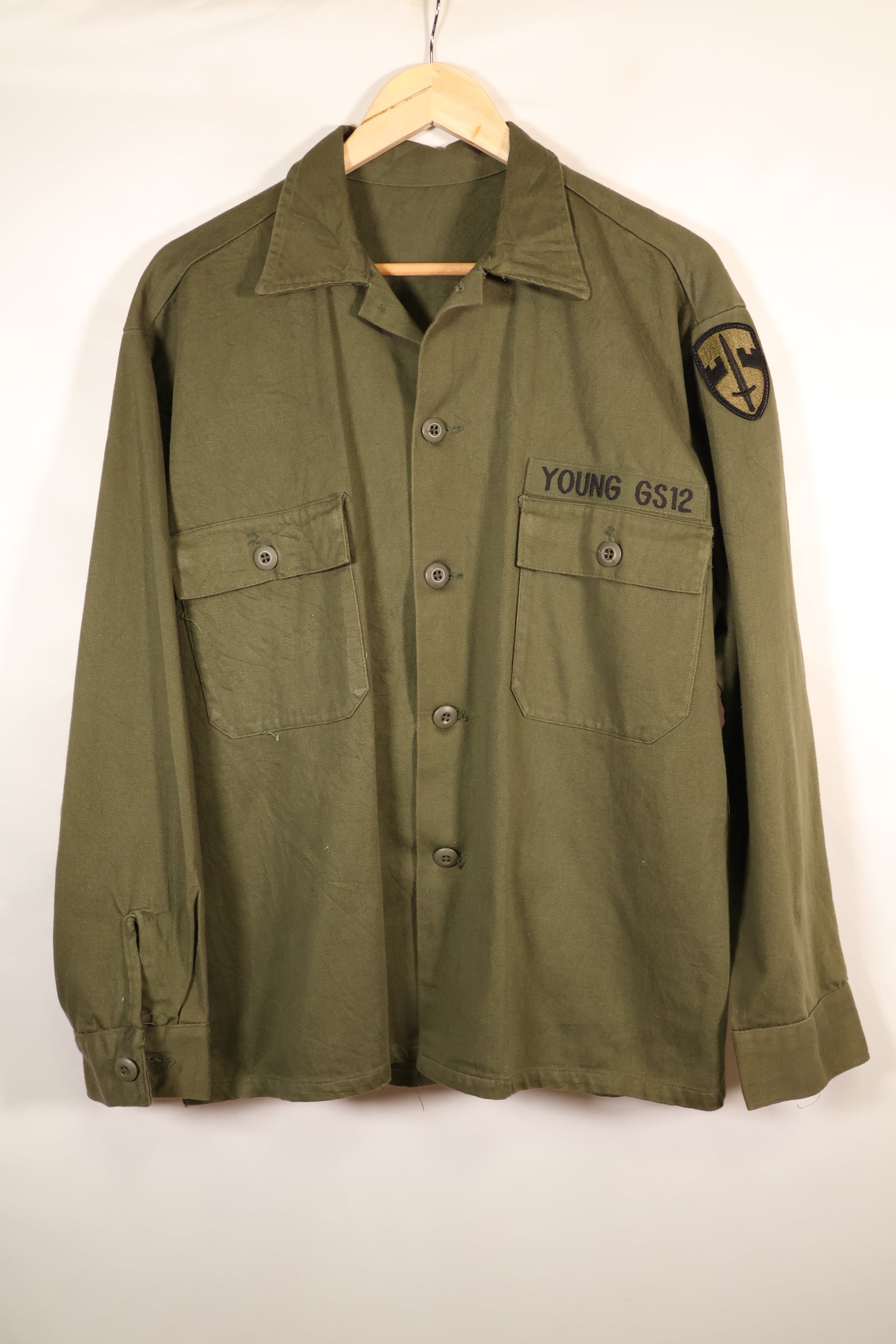 1960s, Estimated Size: MEDIUM, OG-107, Utility Shirt, Rare Cut, Retrofitted Patch, Used