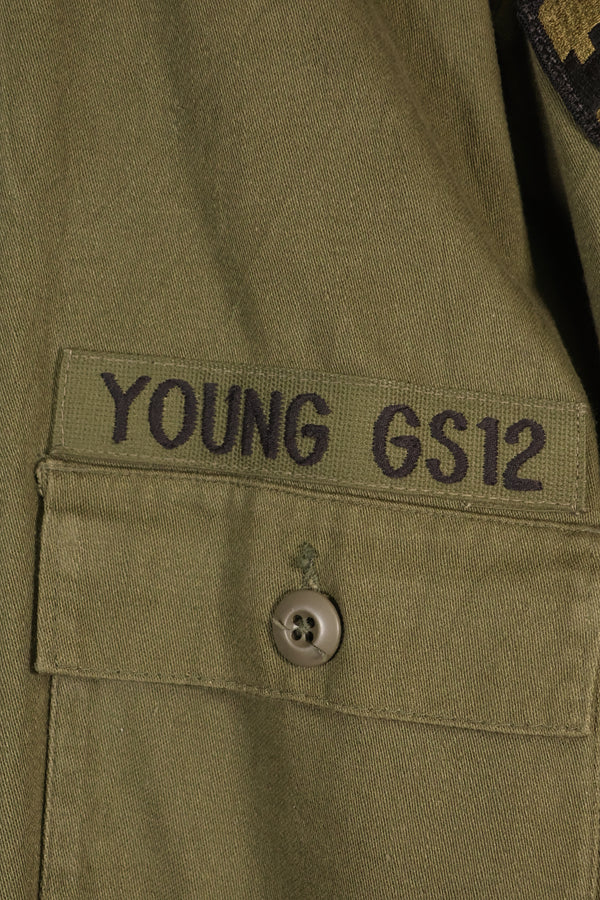 1960s, Estimated Size: MEDIUM, OG-107, Utility Shirt, Rare Cut, Retrofitted Patch, Used