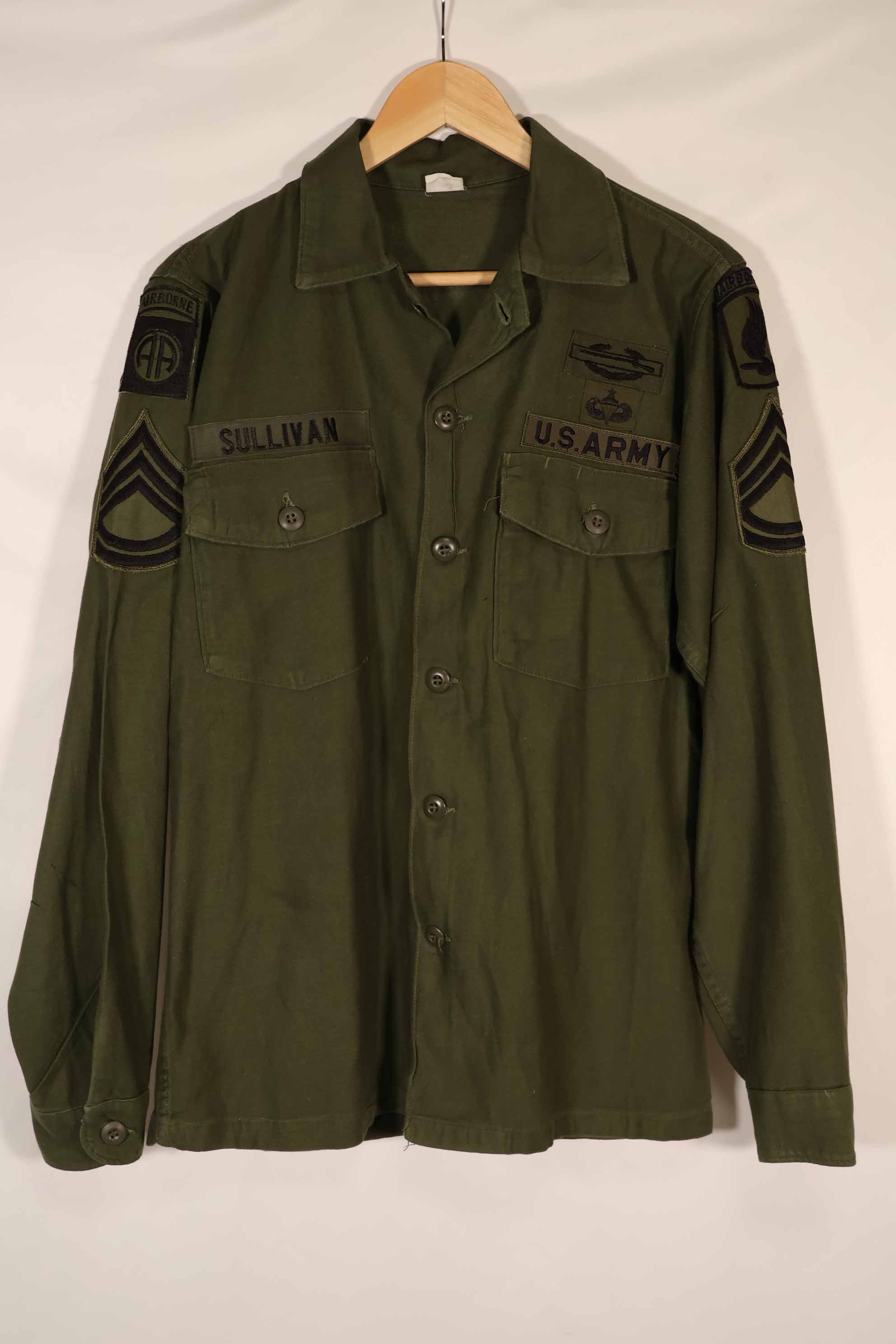 Real 1970 OG-107 utility shirt with Army Airborne insignia, used.