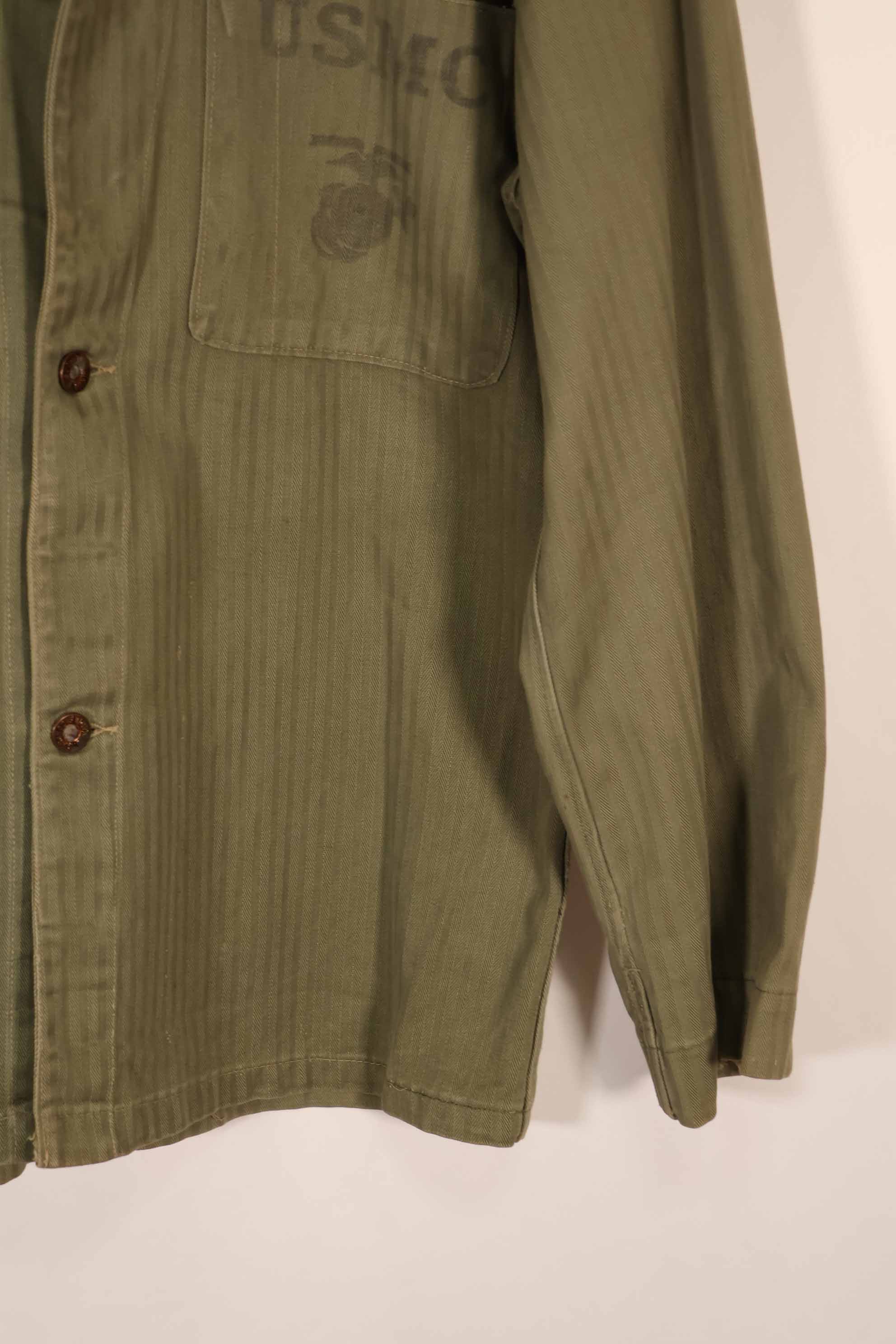 Real 1940s USMC M41 HBT Utility Jacket, US Marine Corps, missing pocket.