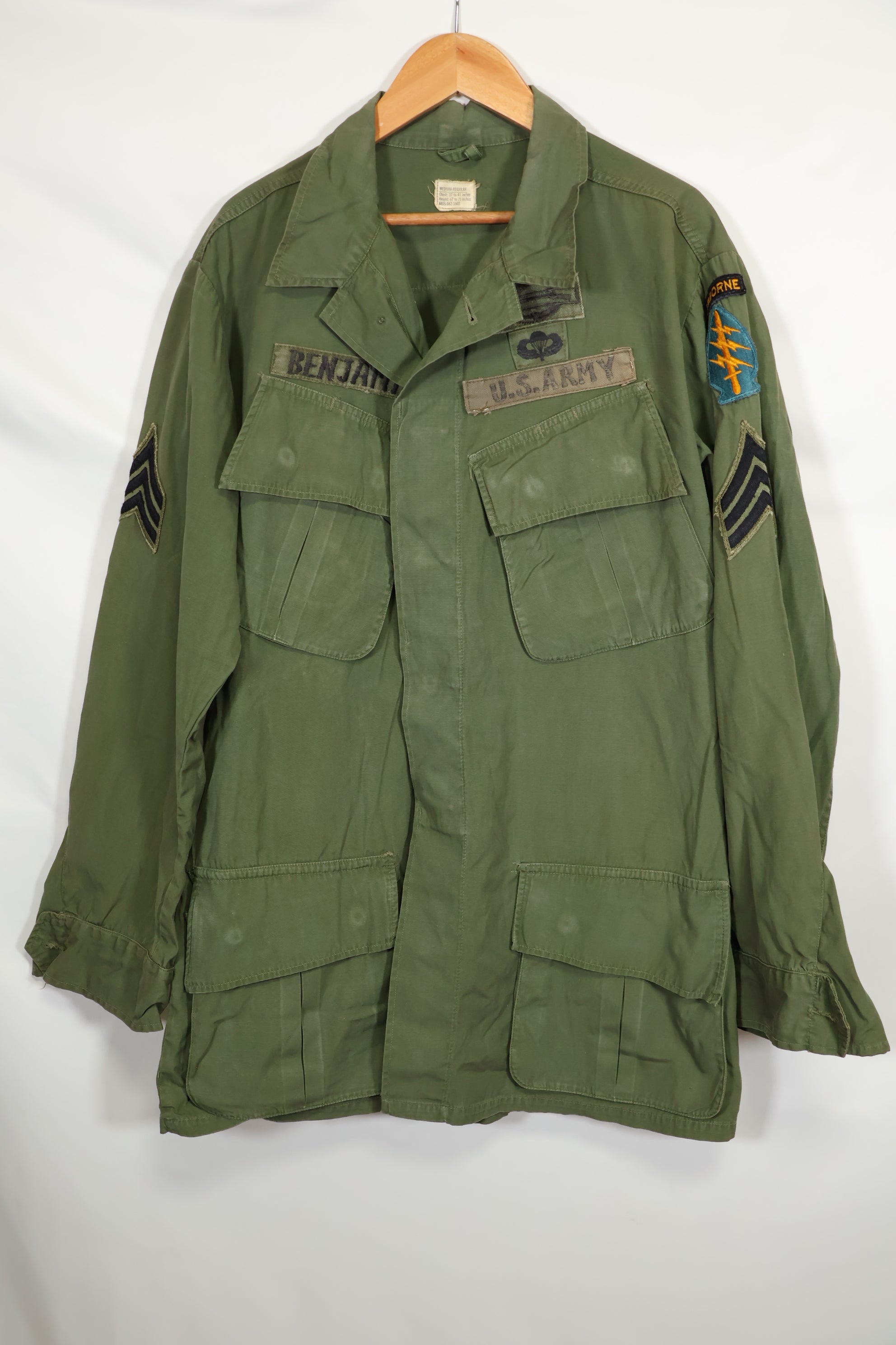 1967 3rd Model Jungle Fatigue Jacket, ex Green Beret, used.