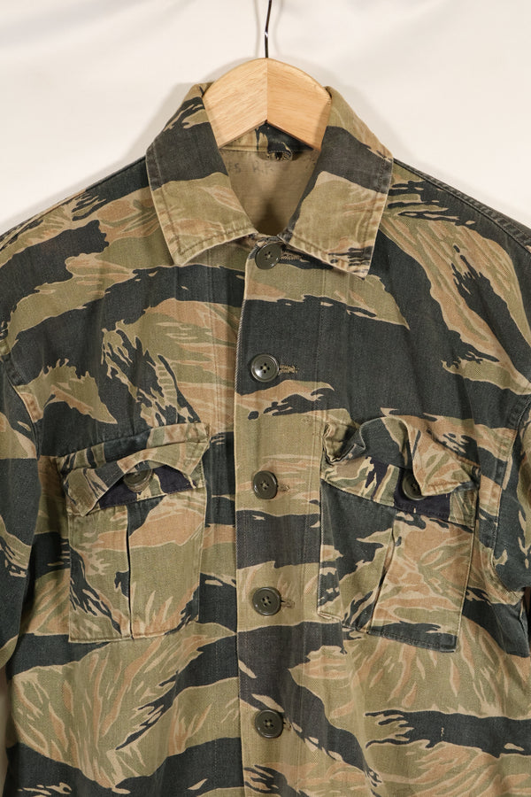 Estimated late 1960s-1970s locally made tiger stripe shirt, used.