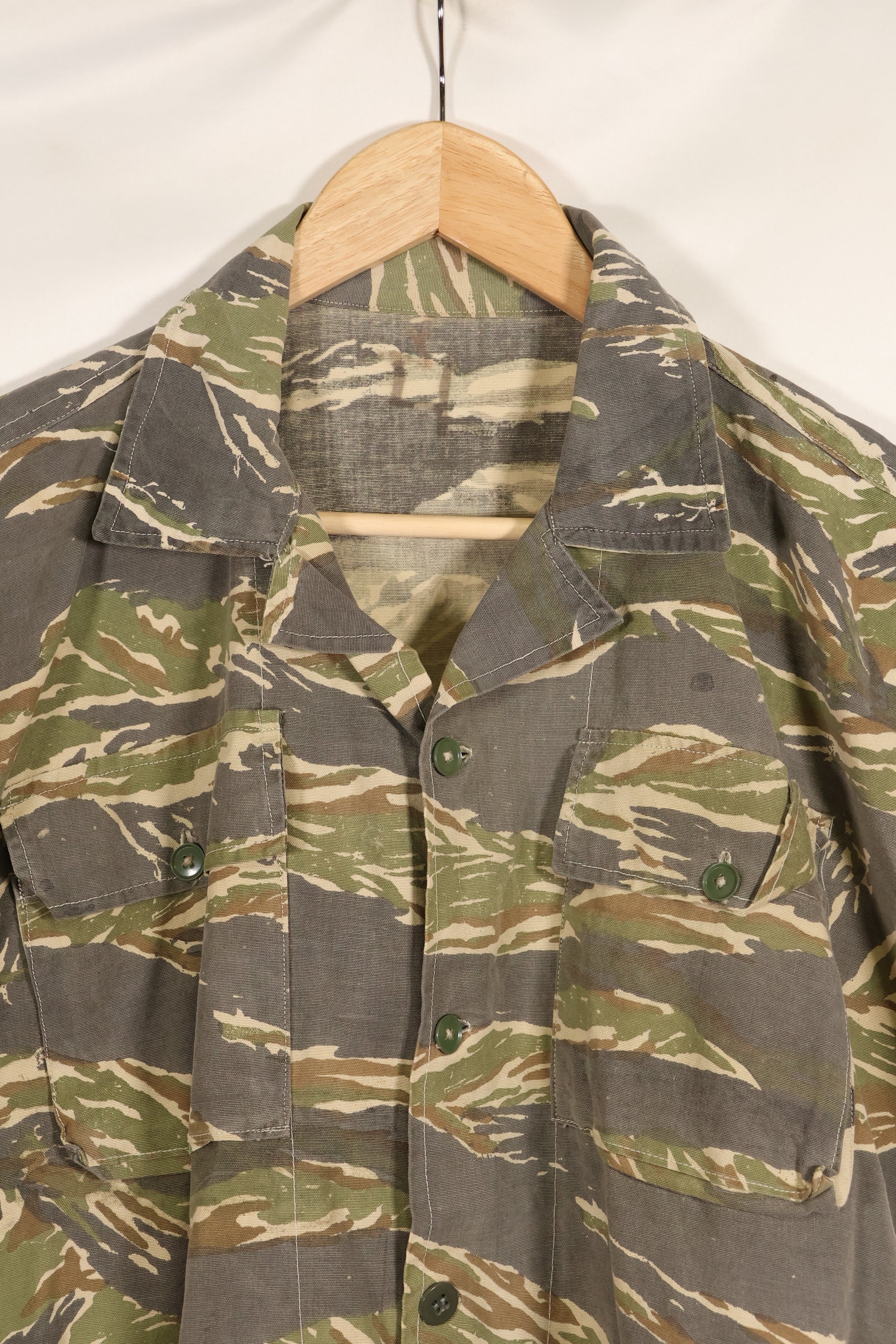 Estimated 1970s locally made tiger stripe short sleeve shirt, used.