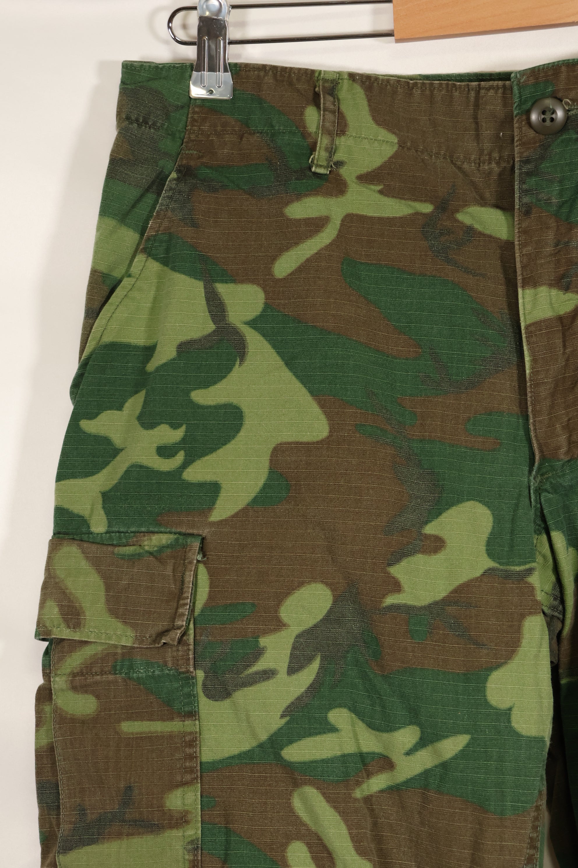 1969 Contract M-S Ripstop ERDL Camouflage Jungle Fatigue Pants, faded, used.