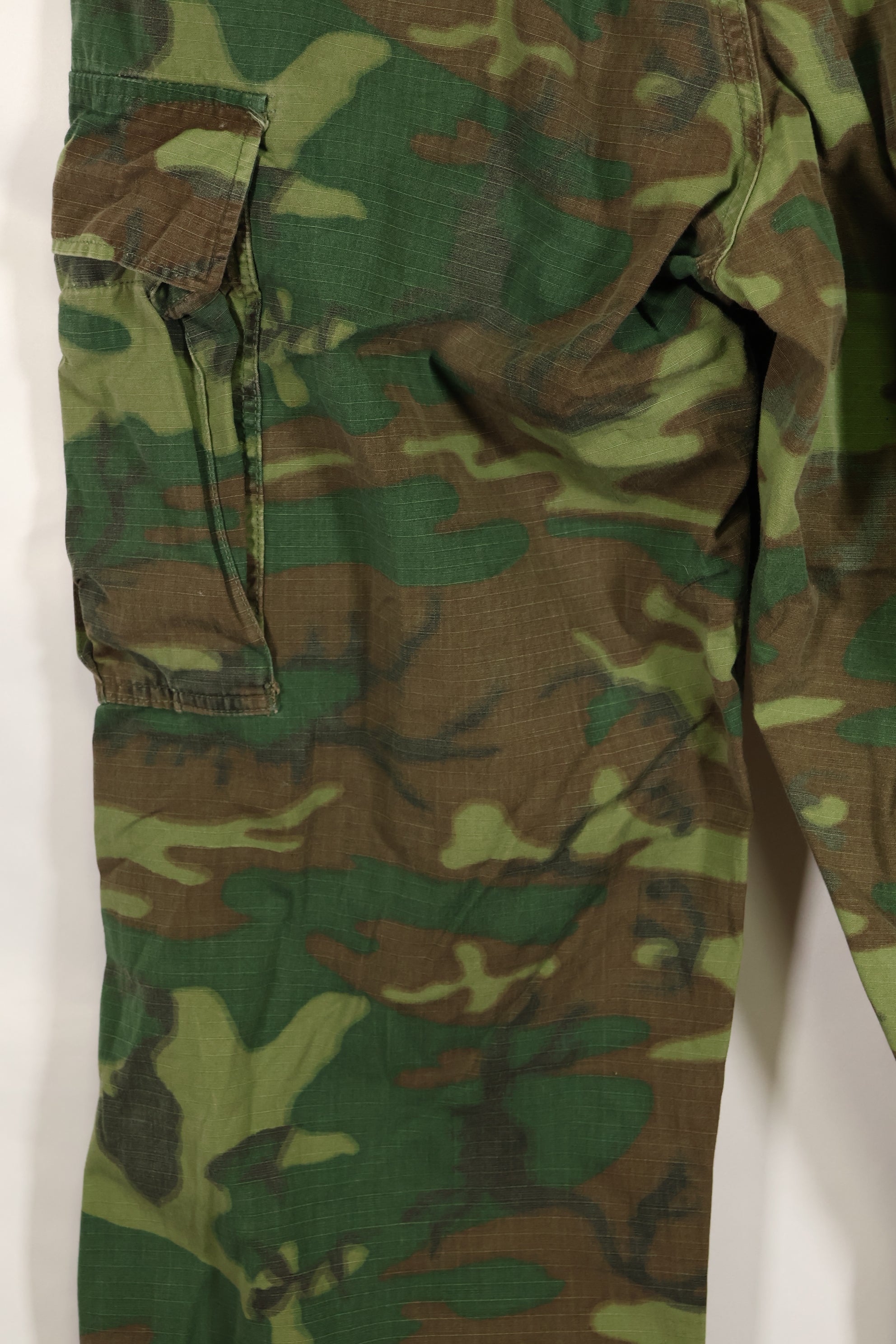 1969 Contract M-S Ripstop ERDL Camouflage Jungle Fatigue Pants, faded, used.
