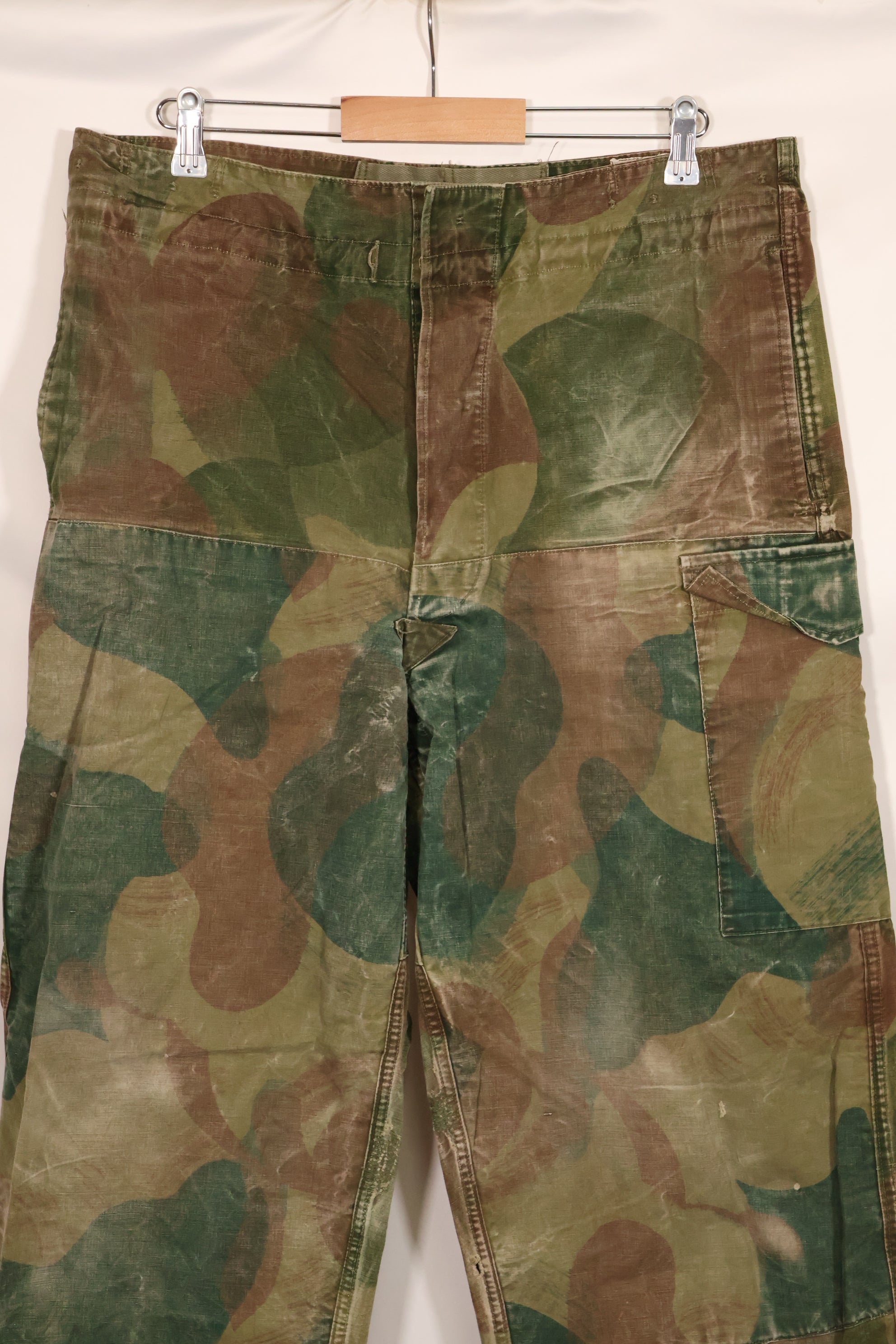 1956 Belgian Army Brushstroke camouflage airborne pants, used, faded.