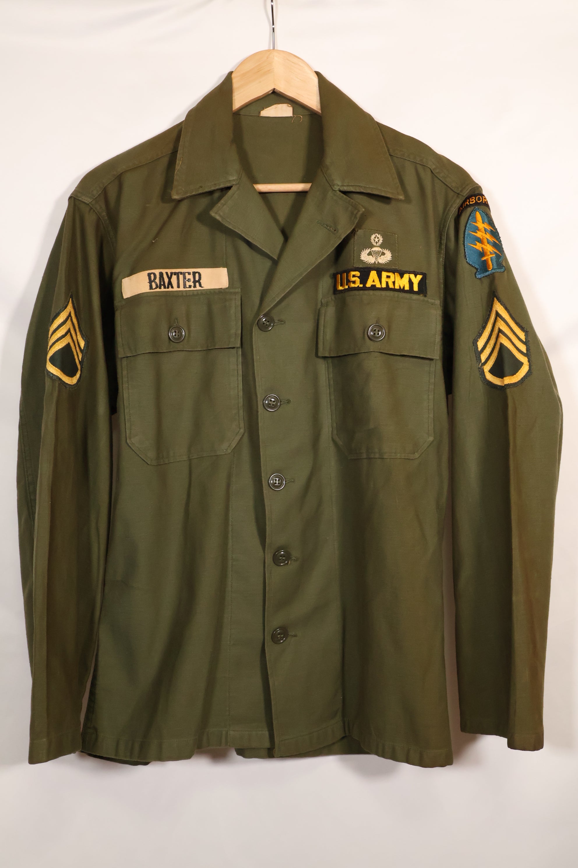 1962 Contract Green Beret OG-107 Utility Shirt, patch first attached, used.