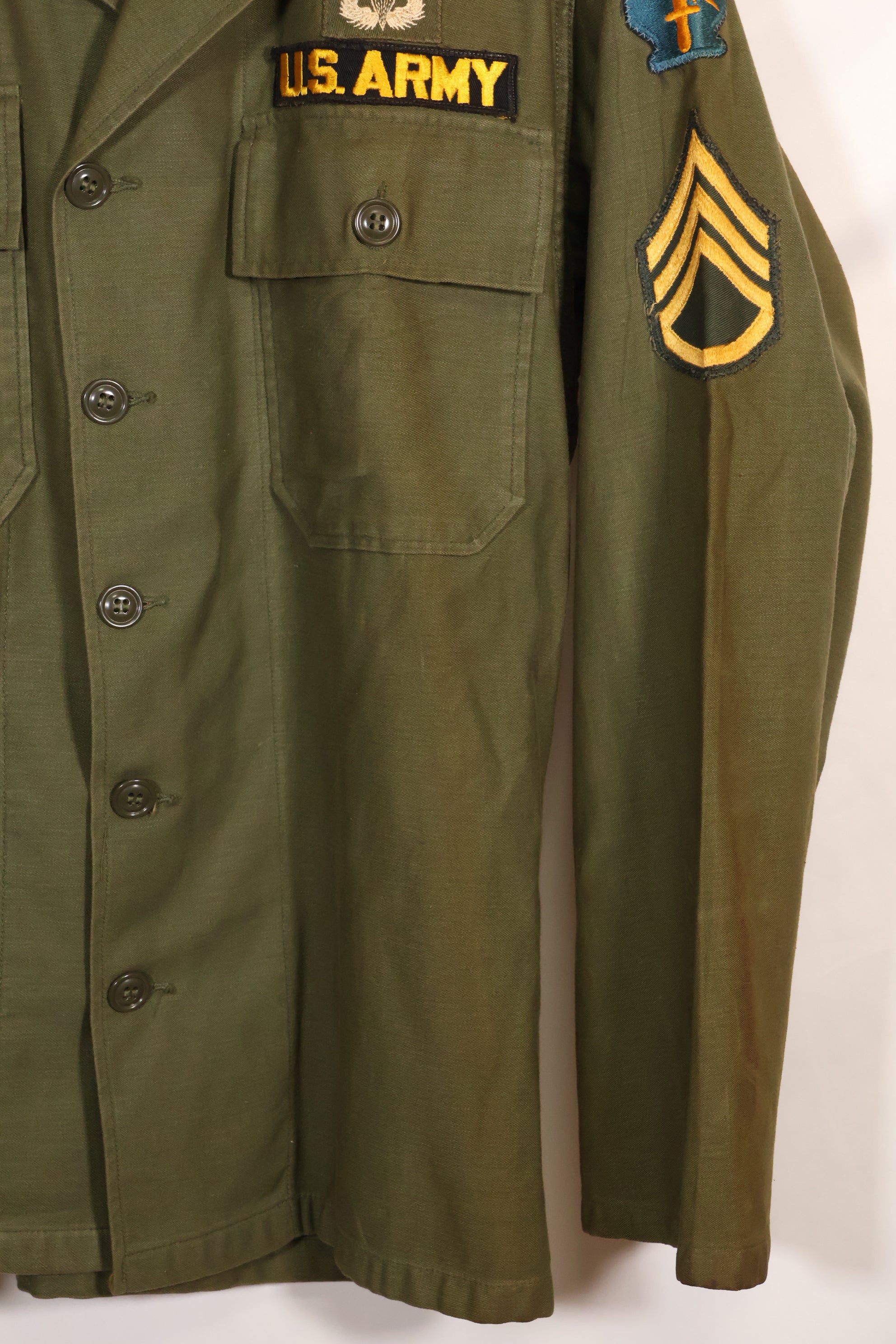 1962 Contract Green Beret OG-107 Utility Shirt, patch first attached, used.