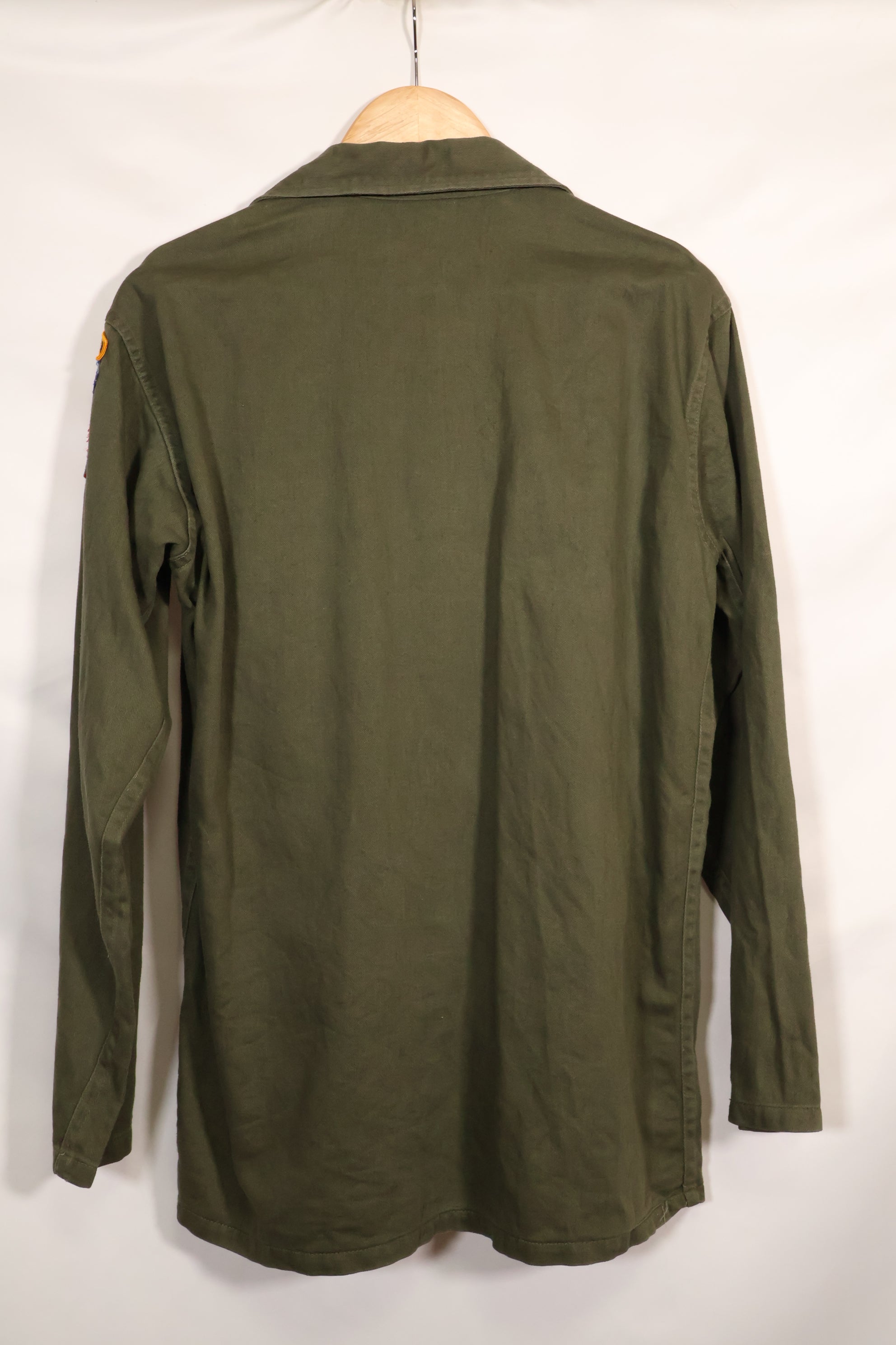 1960s-70s OG-107 utility shirt, Army paratrooper, patch first attached, used.