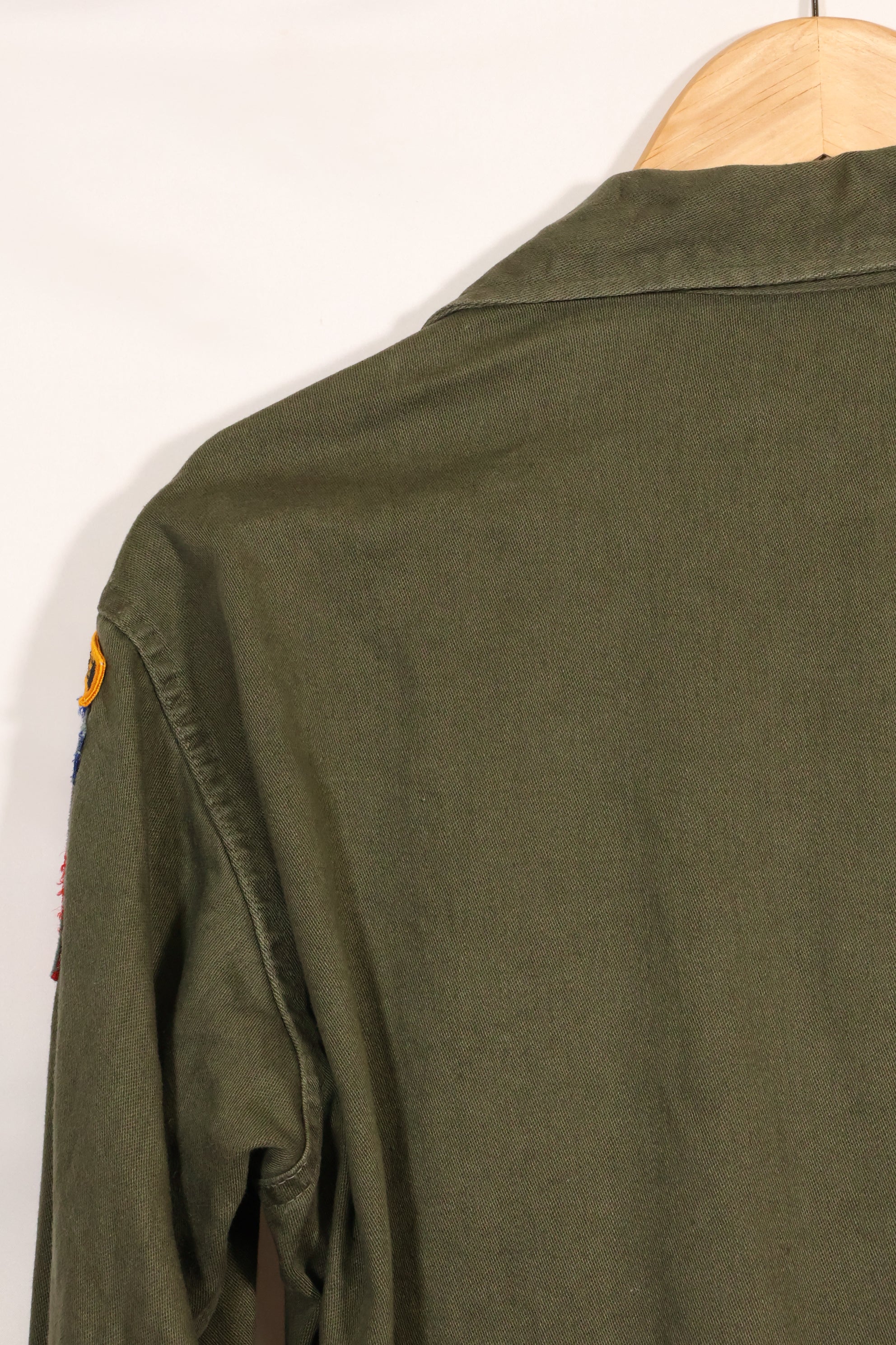 1960s-70s OG-107 utility shirt, Army paratrooper, patch first attached, used.