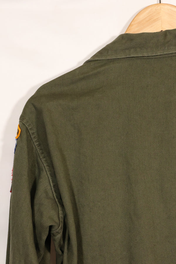 1960s-70s OG-107 utility shirt, Army paratrooper, patch first attached, used.
