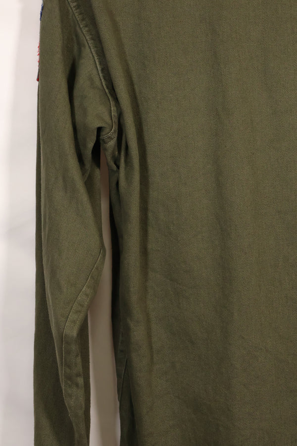 1960s-70s OG-107 utility shirt, Army paratrooper, patch first attached, used.