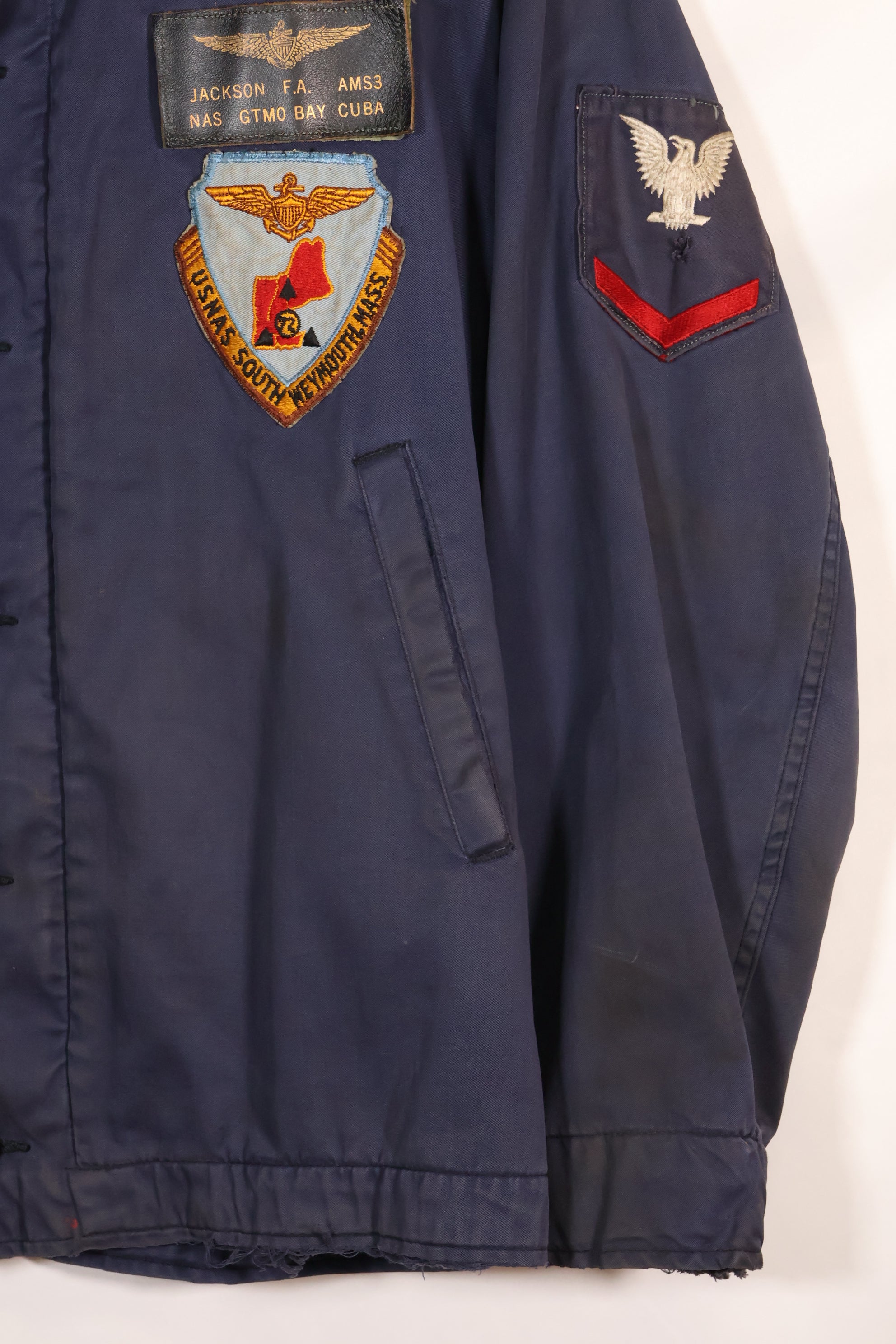 1968 Contract US Navy Anti-Submarine Patrol Mechanic Deck Jacket with locally made patches, used.