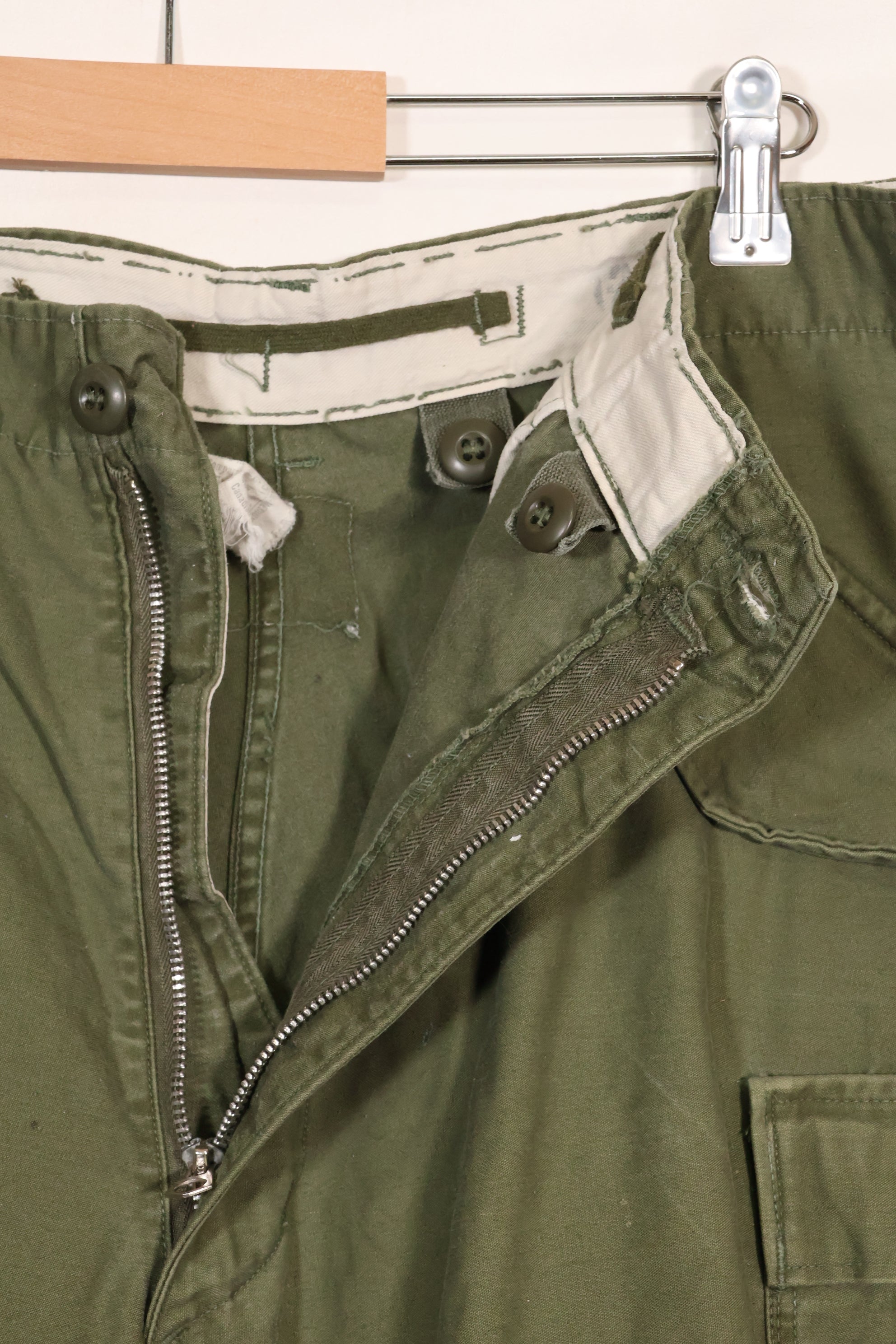 1960s-70s, estimated M-R U.S. Army M65 cotton field pants, used.