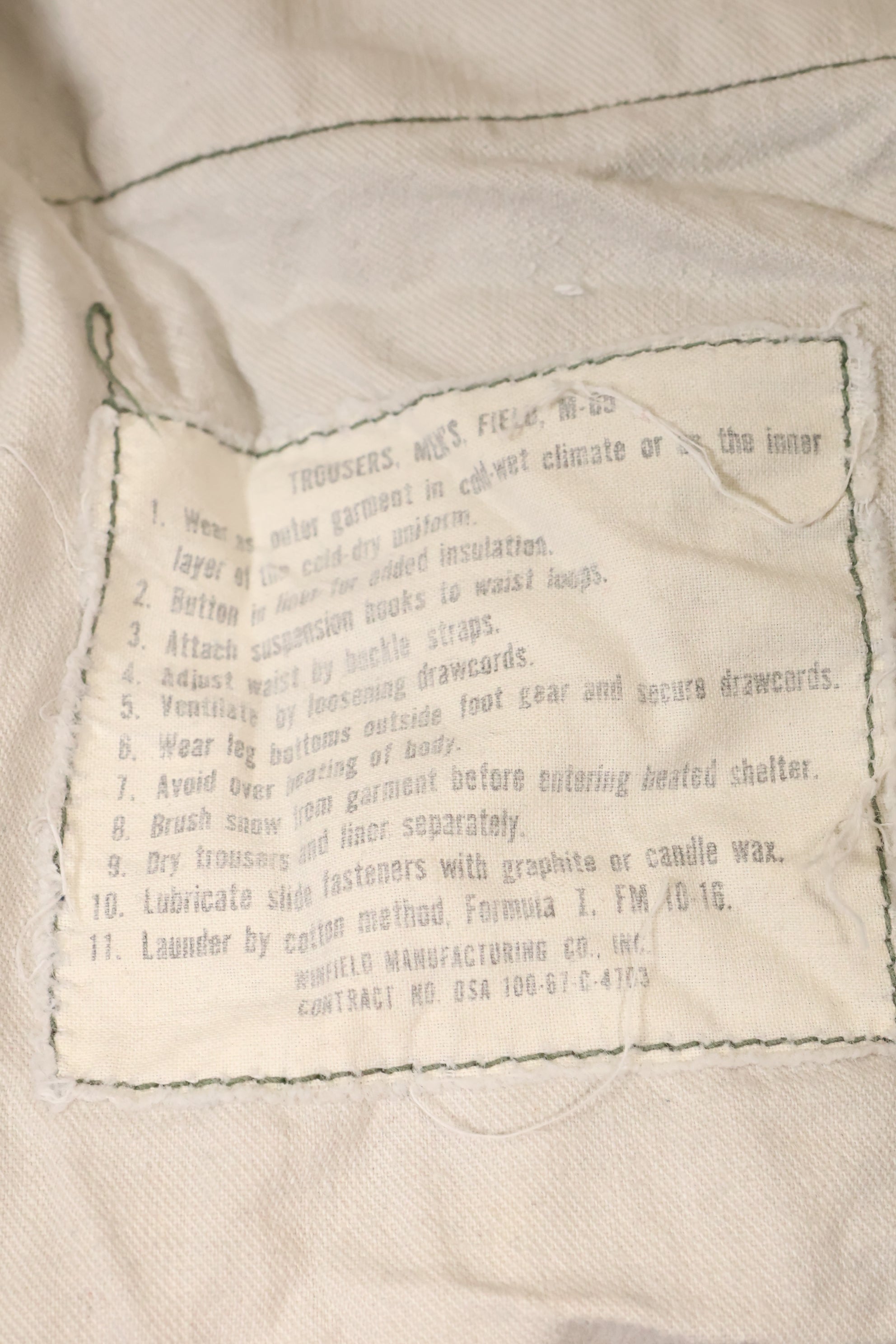 1960s-70s, estimated M-R U.S. Army M65 cotton field pants, used.