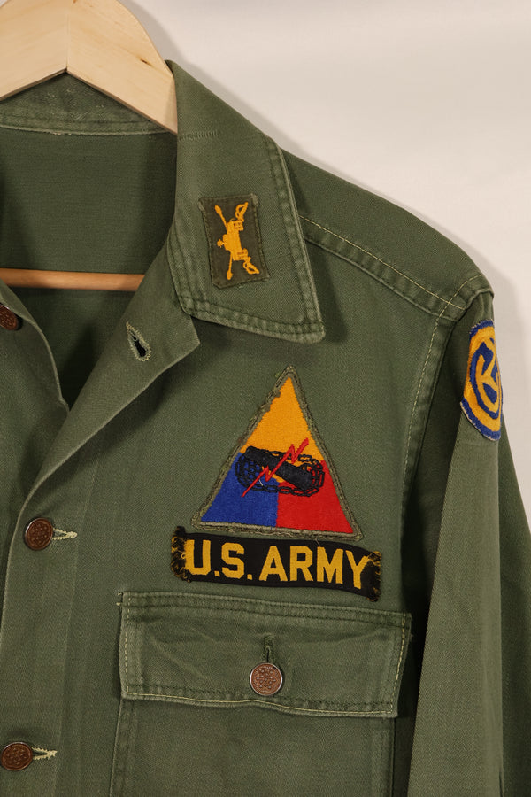 Real 1950s U.S. Army OG-107 utility shirt, metal buttons, used, patch retrofitted.