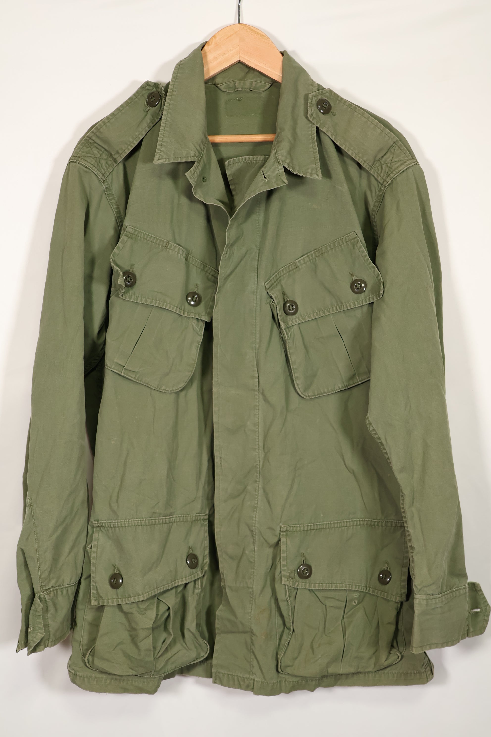 Real 1963 1st Model Jungle Fatigue Jacket, patch marks, faded.