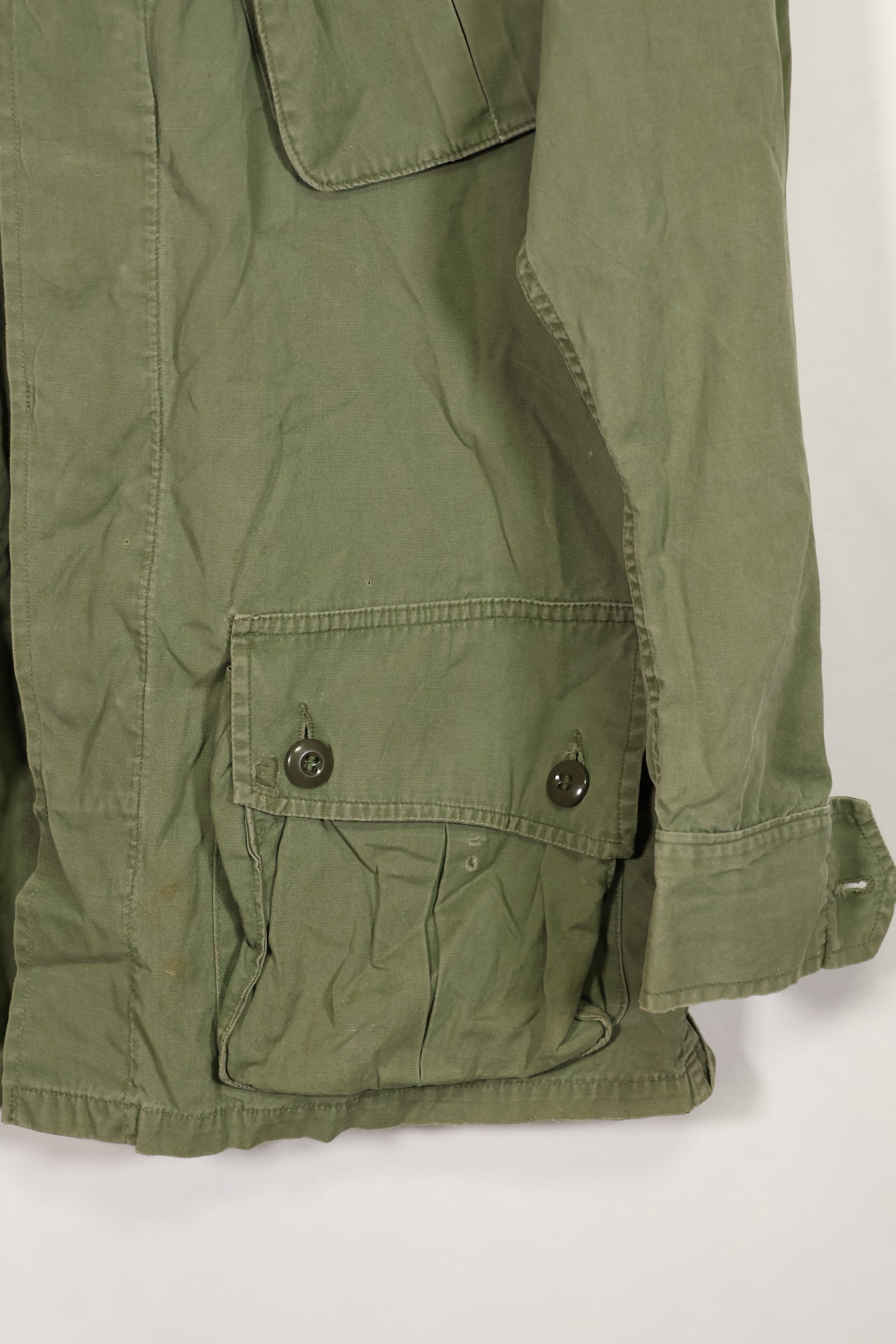 Real 1963 1st Model Jungle Fatigue Jacket, patch marks, faded.