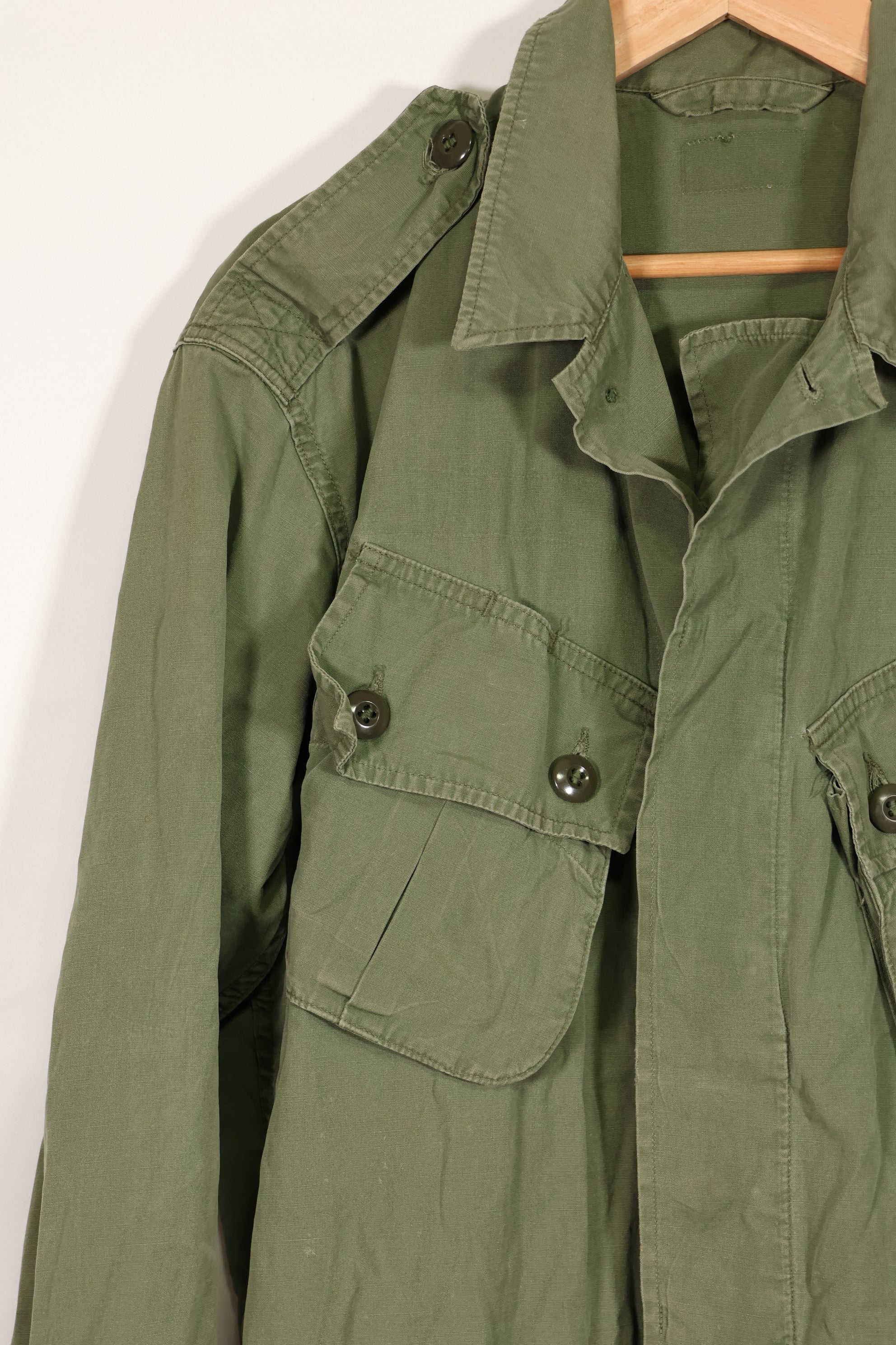 Real 1963 1st Model Jungle Fatigue Jacket, patch marks, faded.