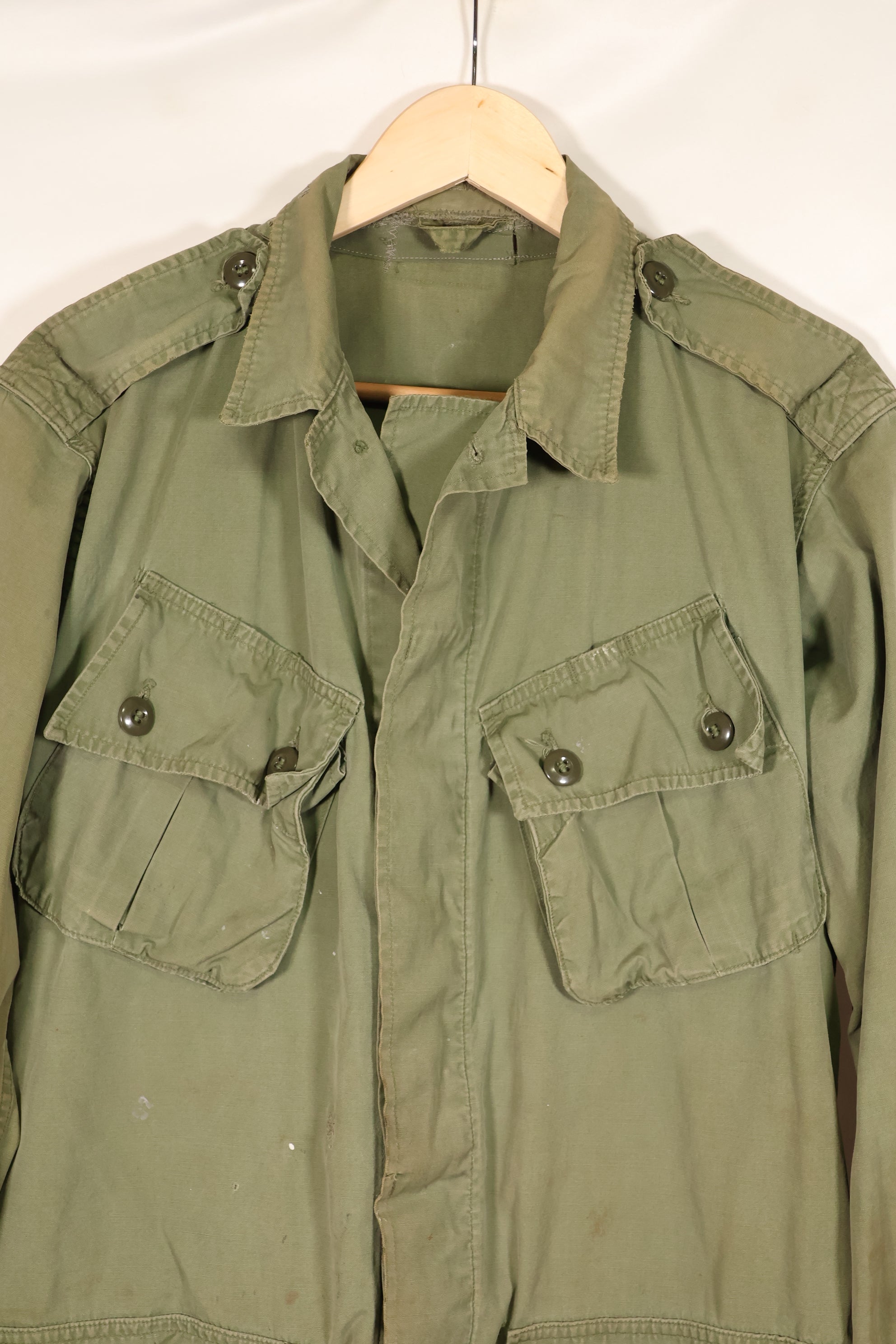 1963 Contract, estimated SMALL 1st Model Jungle Fatigue Jacket, used, stains, scratches.