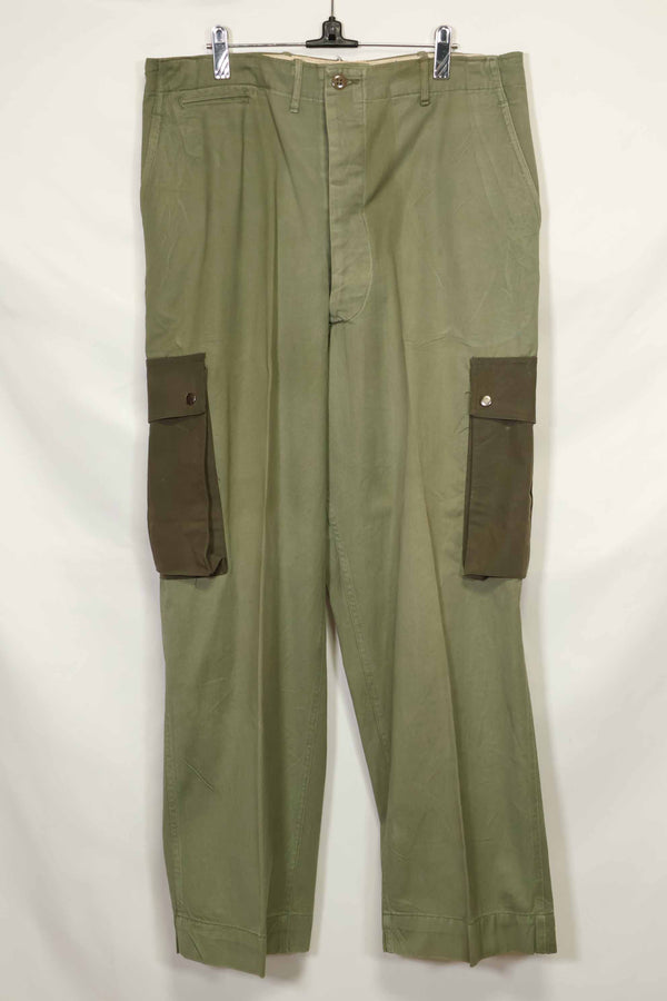 1940s-50s U.S. Army M45 cotton field pants with modified cargo pockets, airborne use, used, A