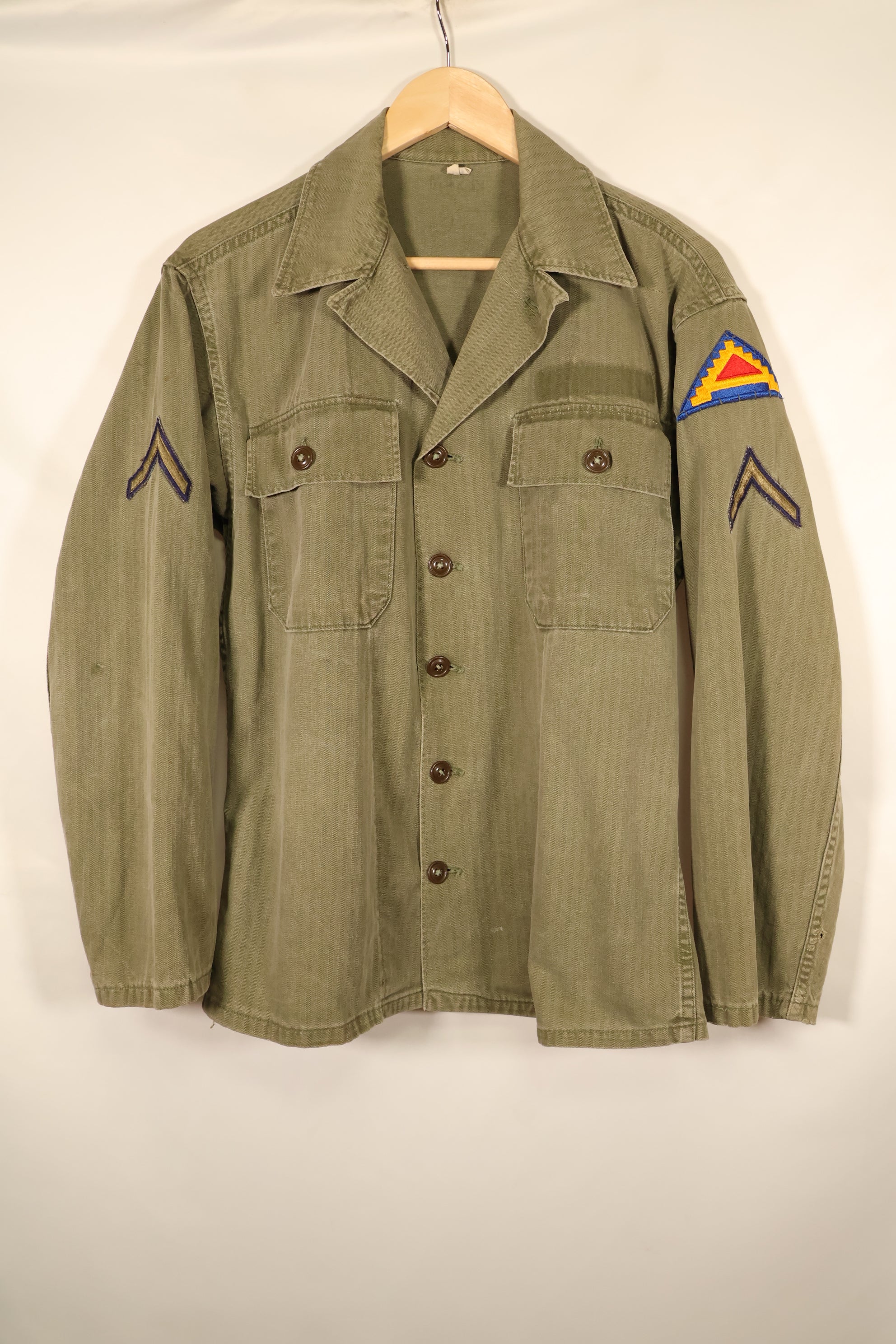 Late 1940s–1950s, U.S. Army, M-47 HBT Utility Shirt with Patches, Used