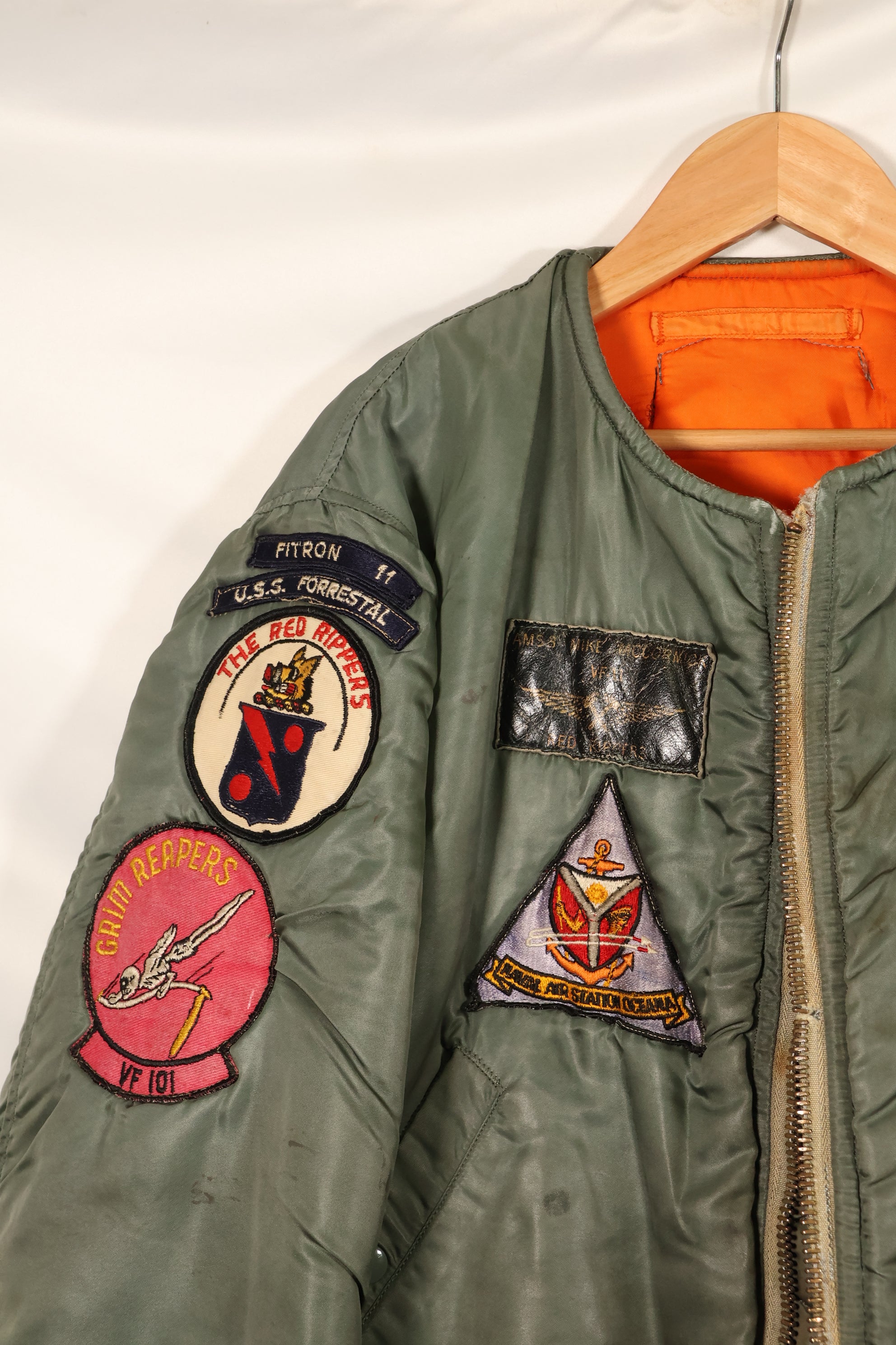 Late 1960's Estimated LARGE US Navy MA-1 Flight Jacket with pilot modifications, used.