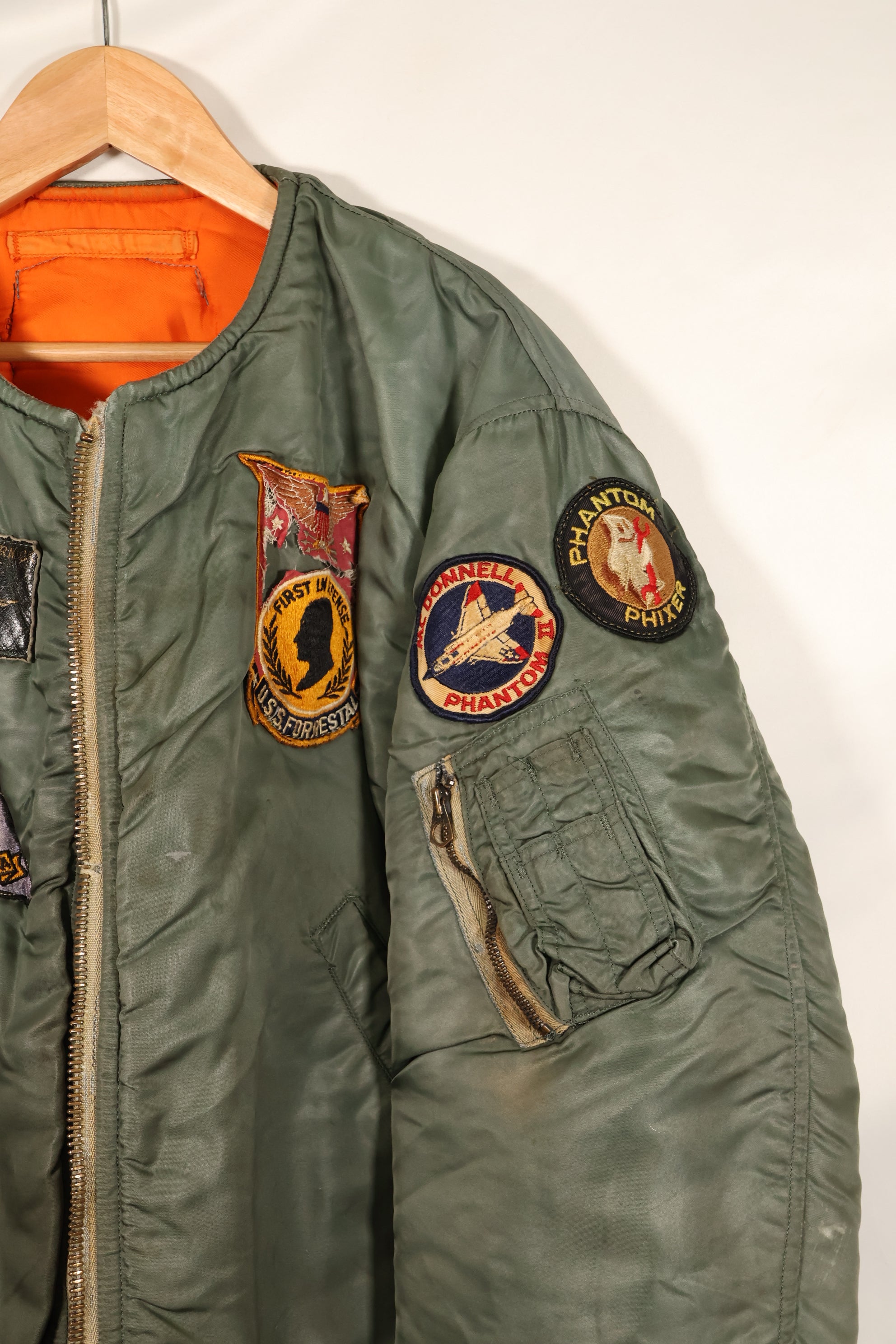Late 1960's Estimated LARGE US Navy MA-1 Flight Jacket with pilot modifications, used.