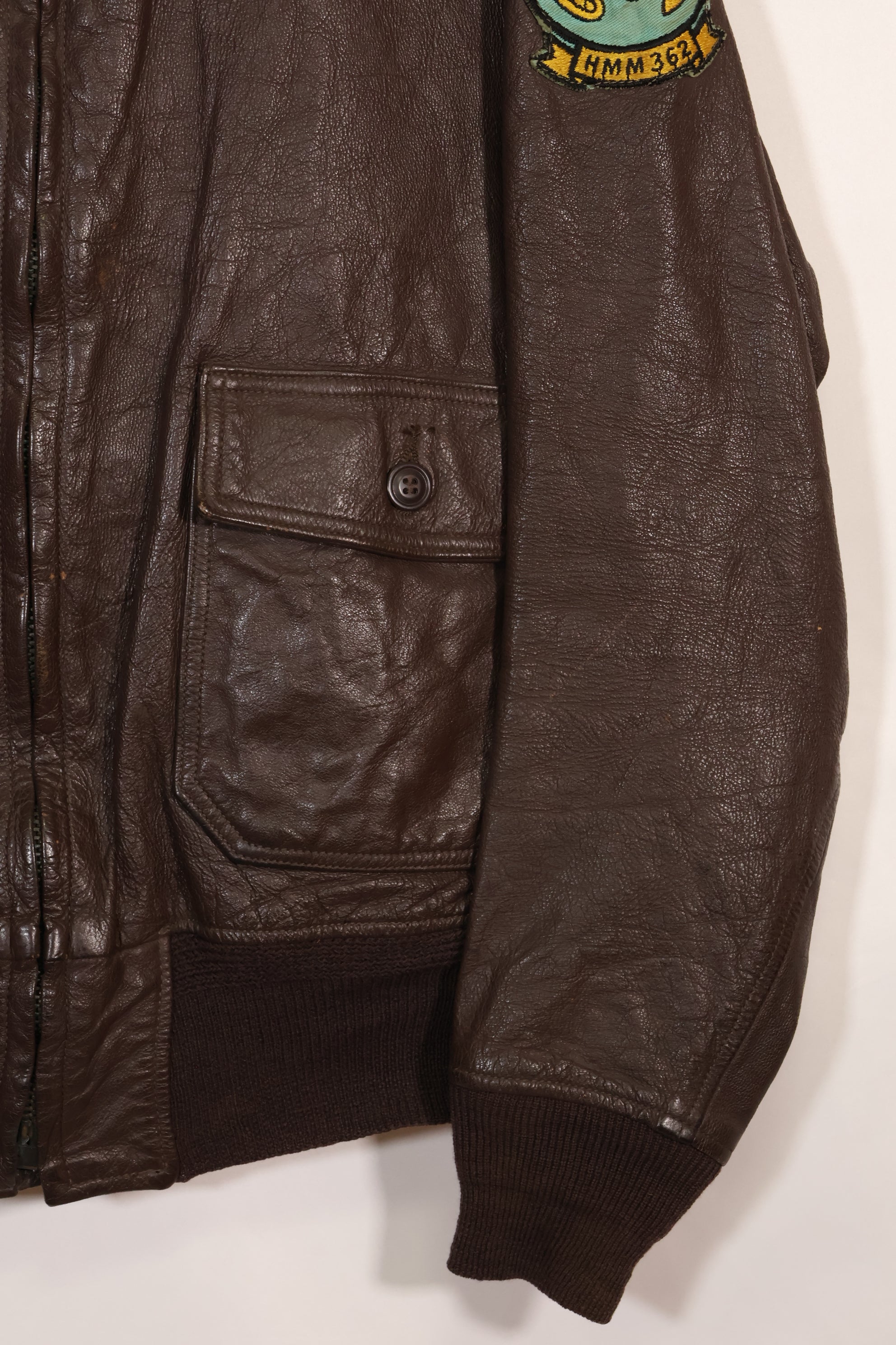 Early 1960s lot size 40 U.S. Marine Corps G-1 UGLY ANGENLS flight jacket, used.