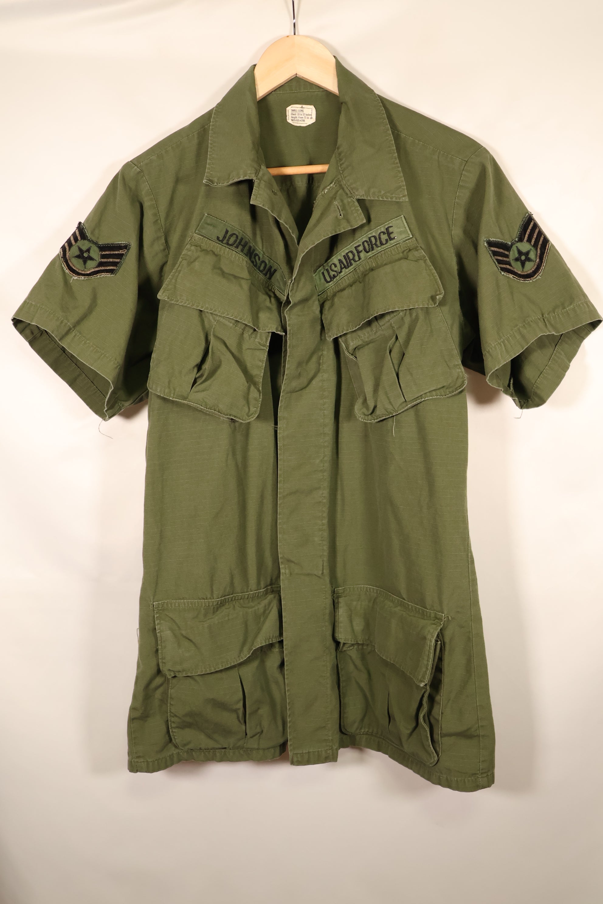 1969 Contract, S-L, Taylor Markings, 4th Model Jungle Fatigue Jacket, USAF, Short-Sleeve Custom, Used