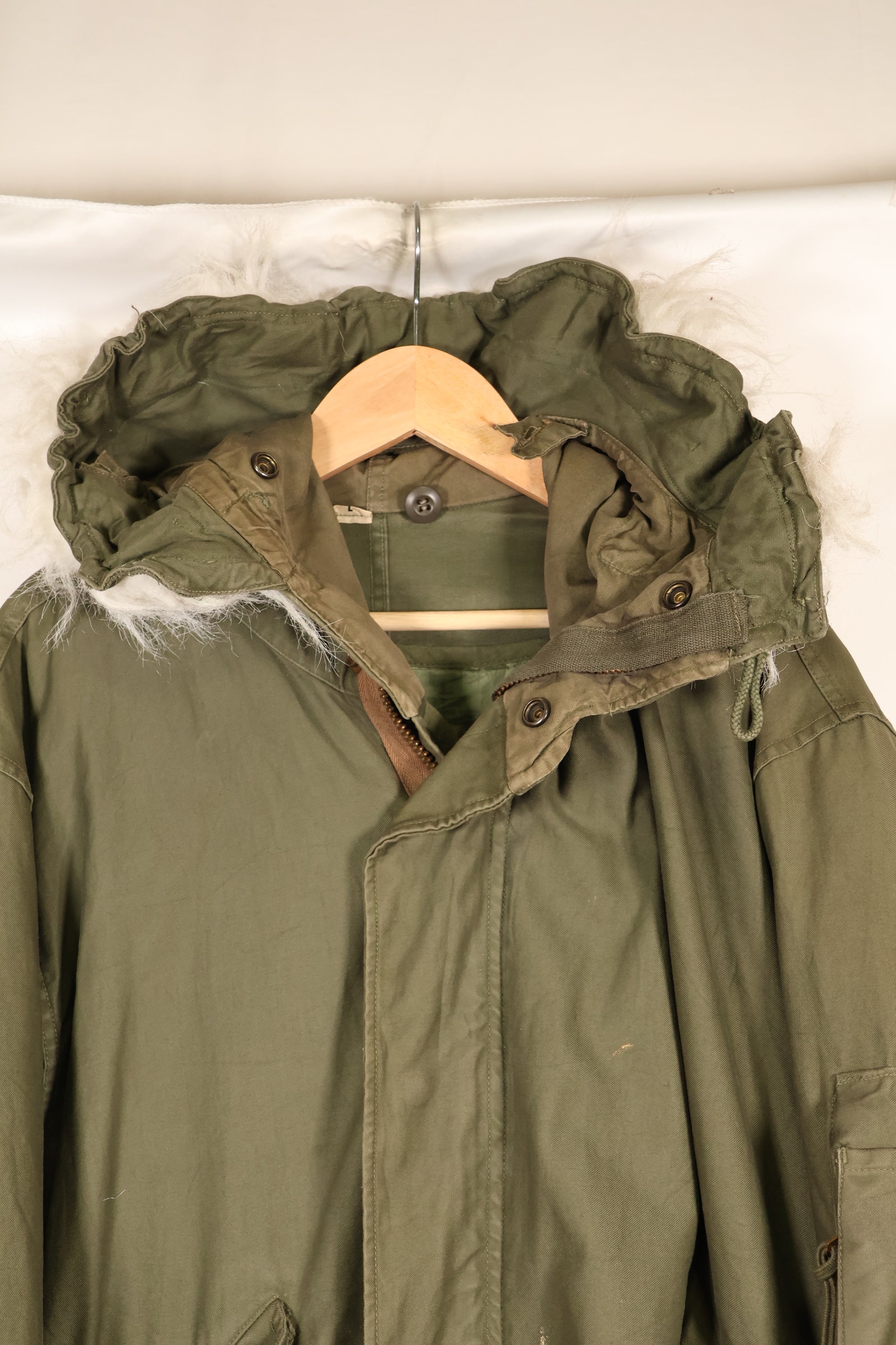 Late 1940's L size US Army M-48 Field Parka with repairs, used movie company costume.