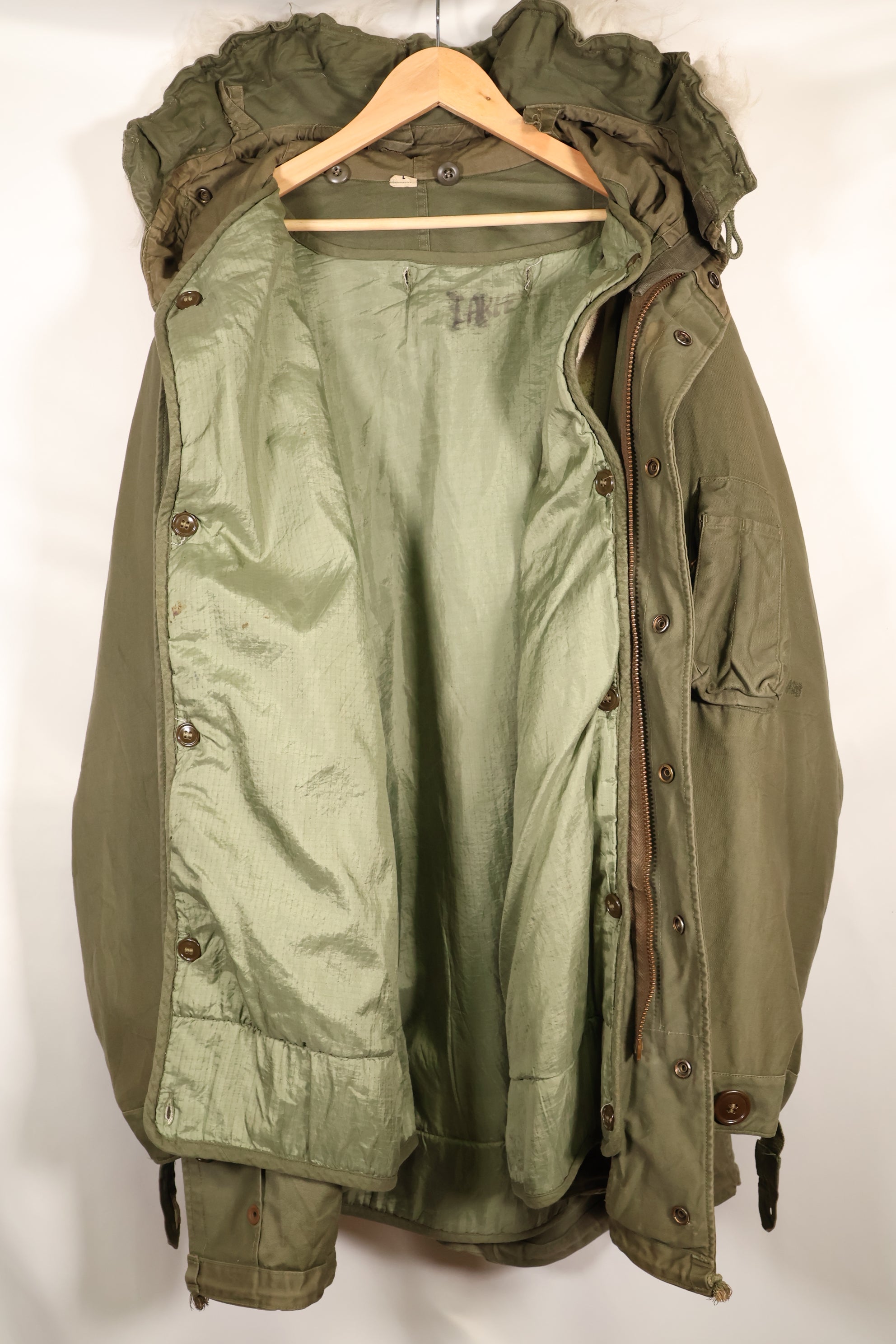 Late 1940's L size US Army M-48 Field Parka with repairs, used movie company costume.