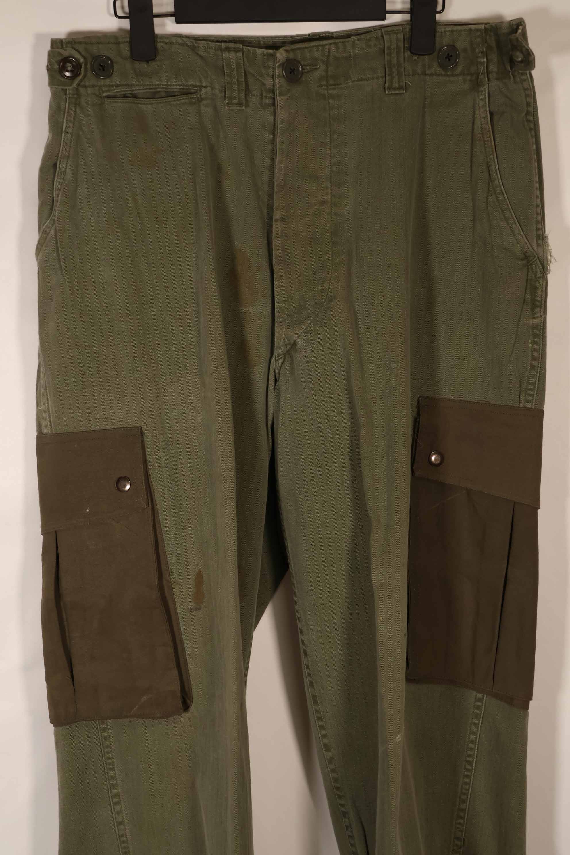 Real 1940s-50s US Army HBT pants, modified pockets, used.