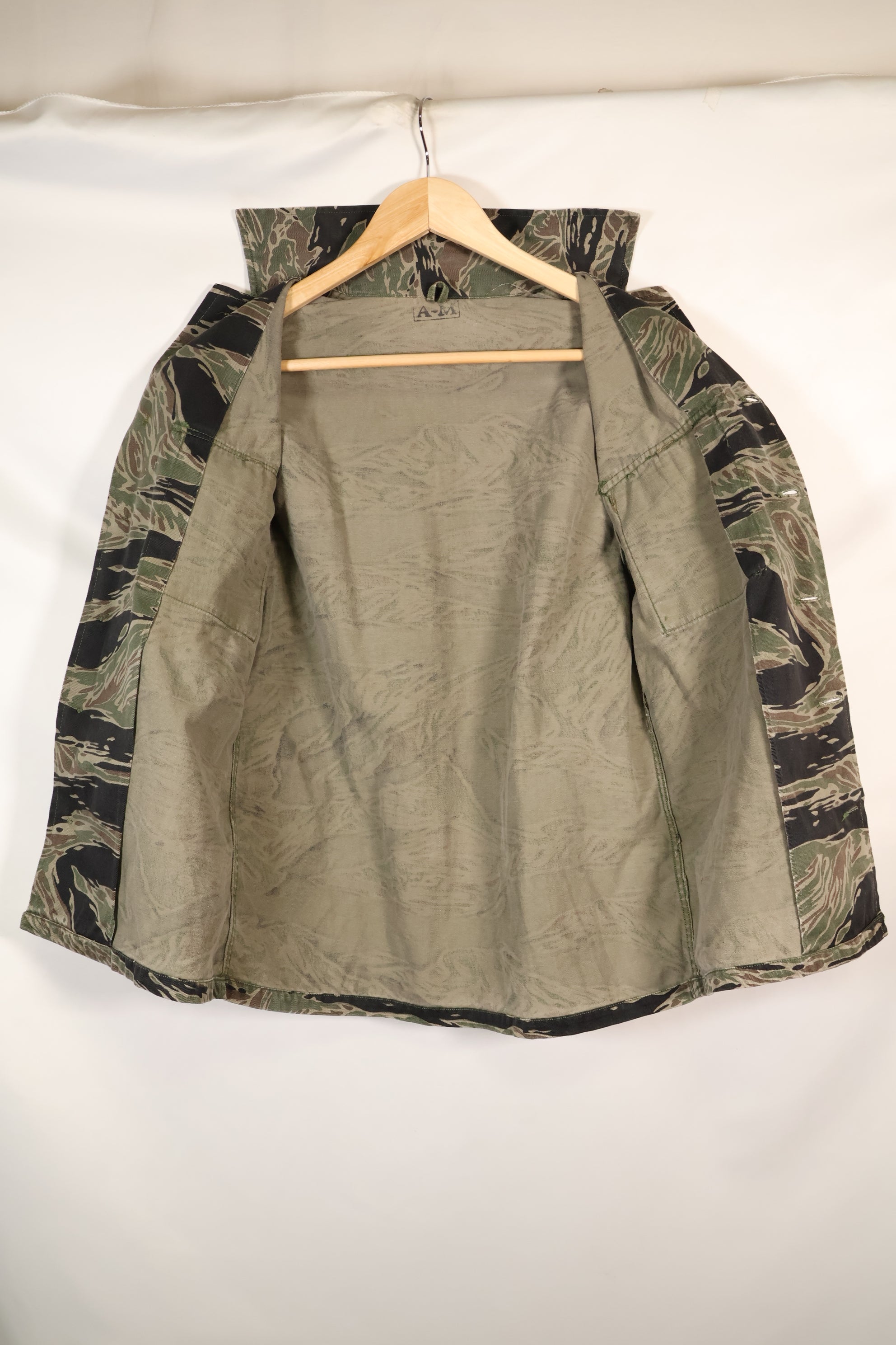 1960s Japanese Silver Tiger Asian Cut shirt, tiger stripe, used, no cuffs.